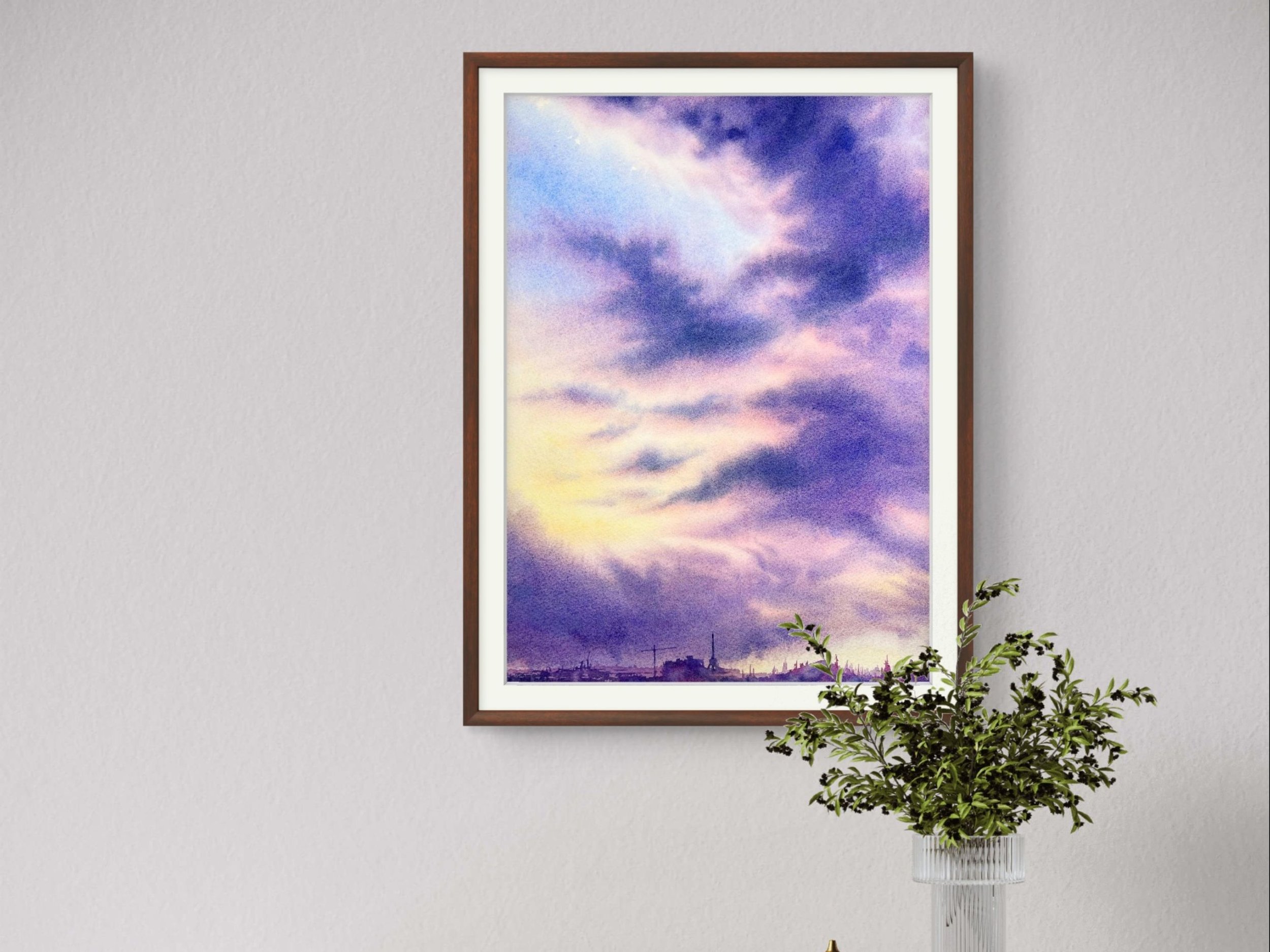 Purple Clouds - Original Watercolor Painting in setting on a shelf