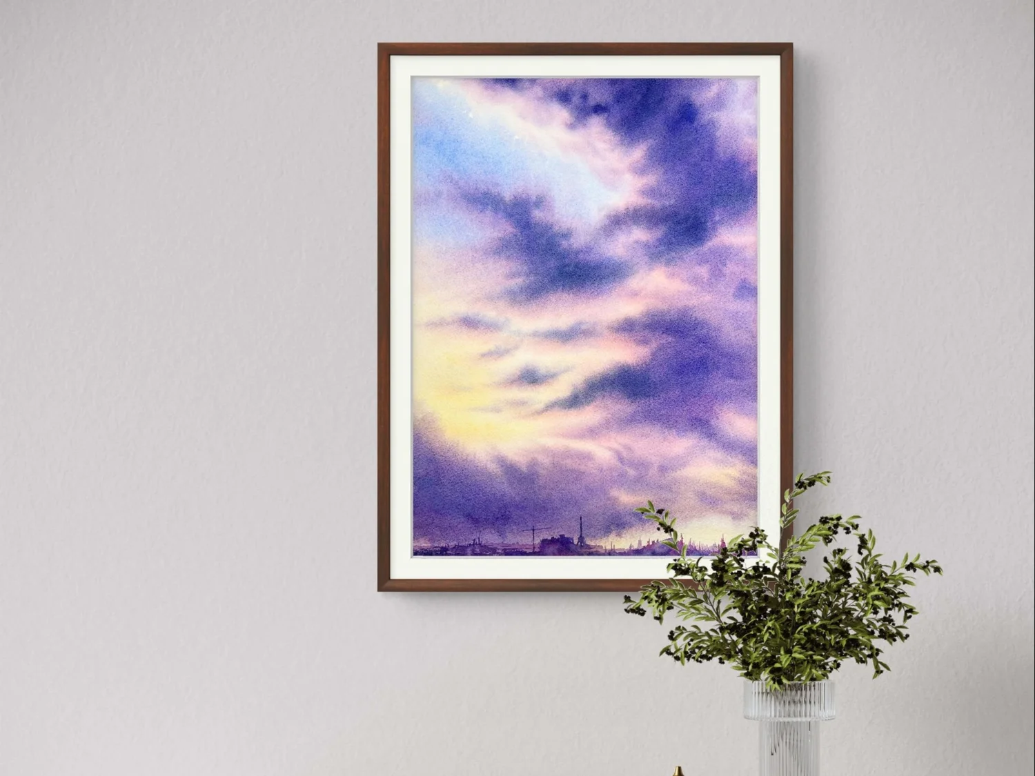 Purple Clouds - Original Watercolor Painting  in setting on a shelf