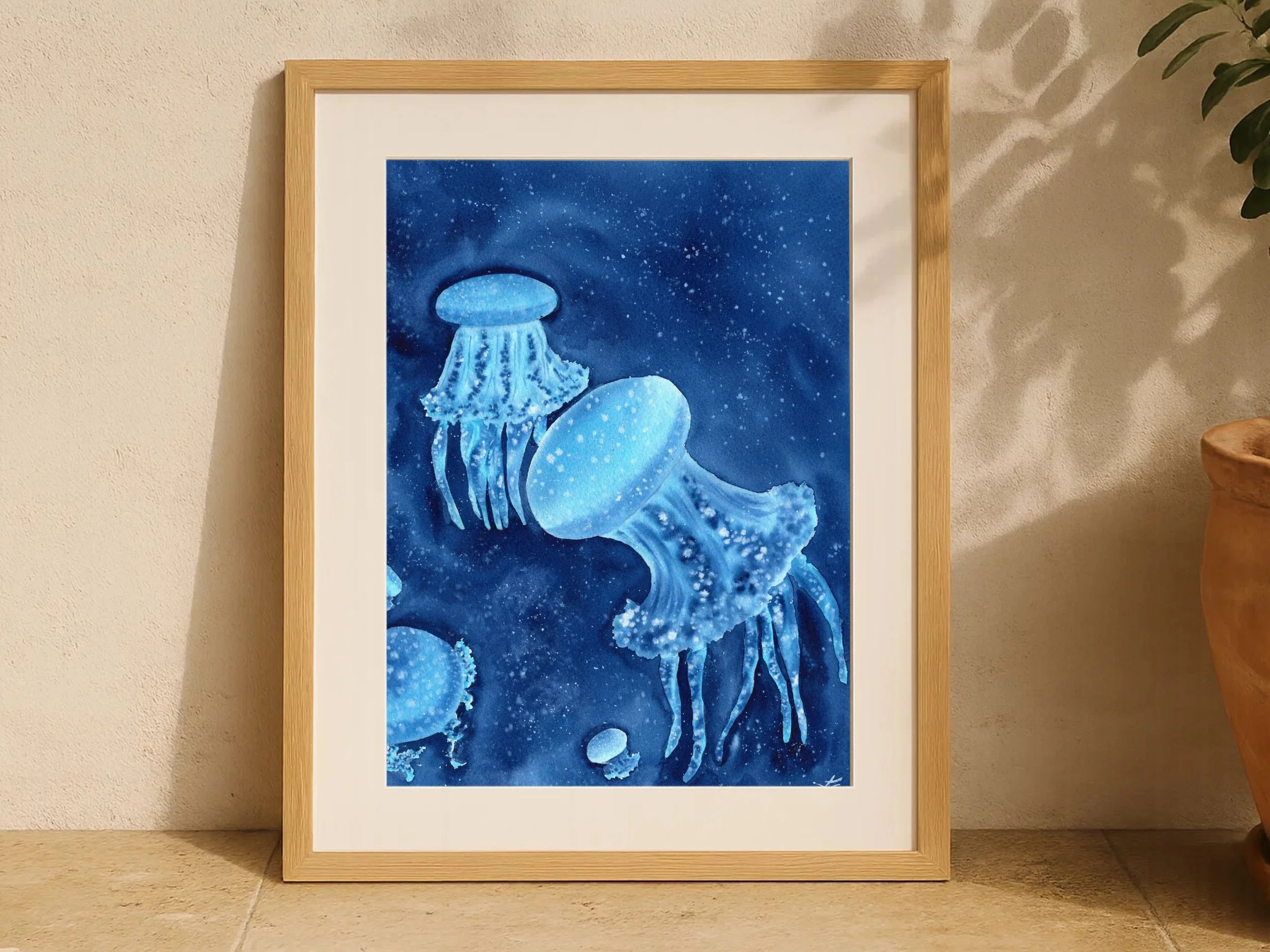 Blue Jellyfish Original Watercolor Painting, Ocean Marine Life Art, Deep Sea Creature Wall Decor, Nautical Coastal Artwork 6.jpg
