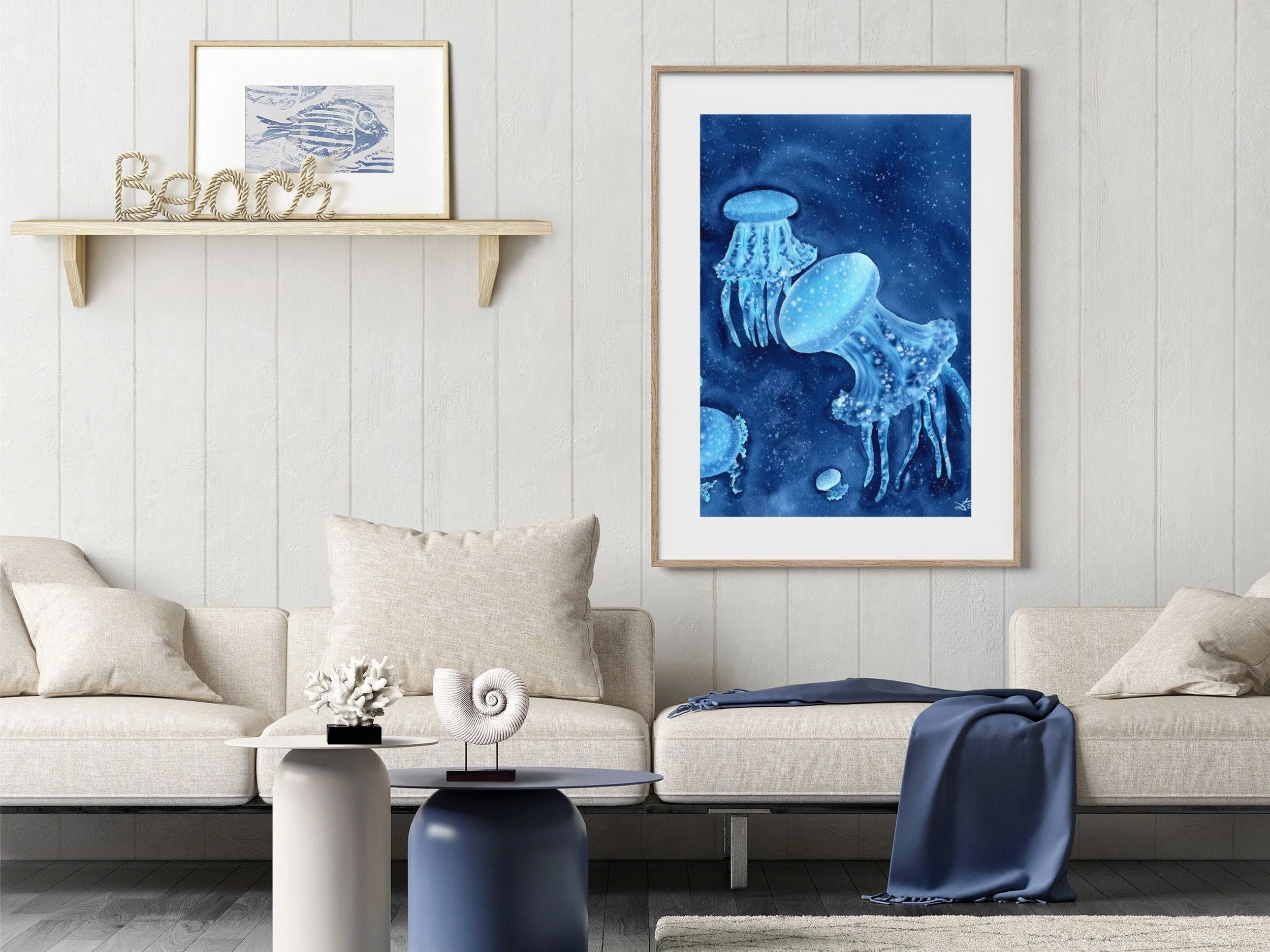 Blue Jellyfish Original Watercolor Painting, Ocean Marine Life Art, Deep Sea Creature Wall Decor, Nautical Coastal Artwork 4.jpg