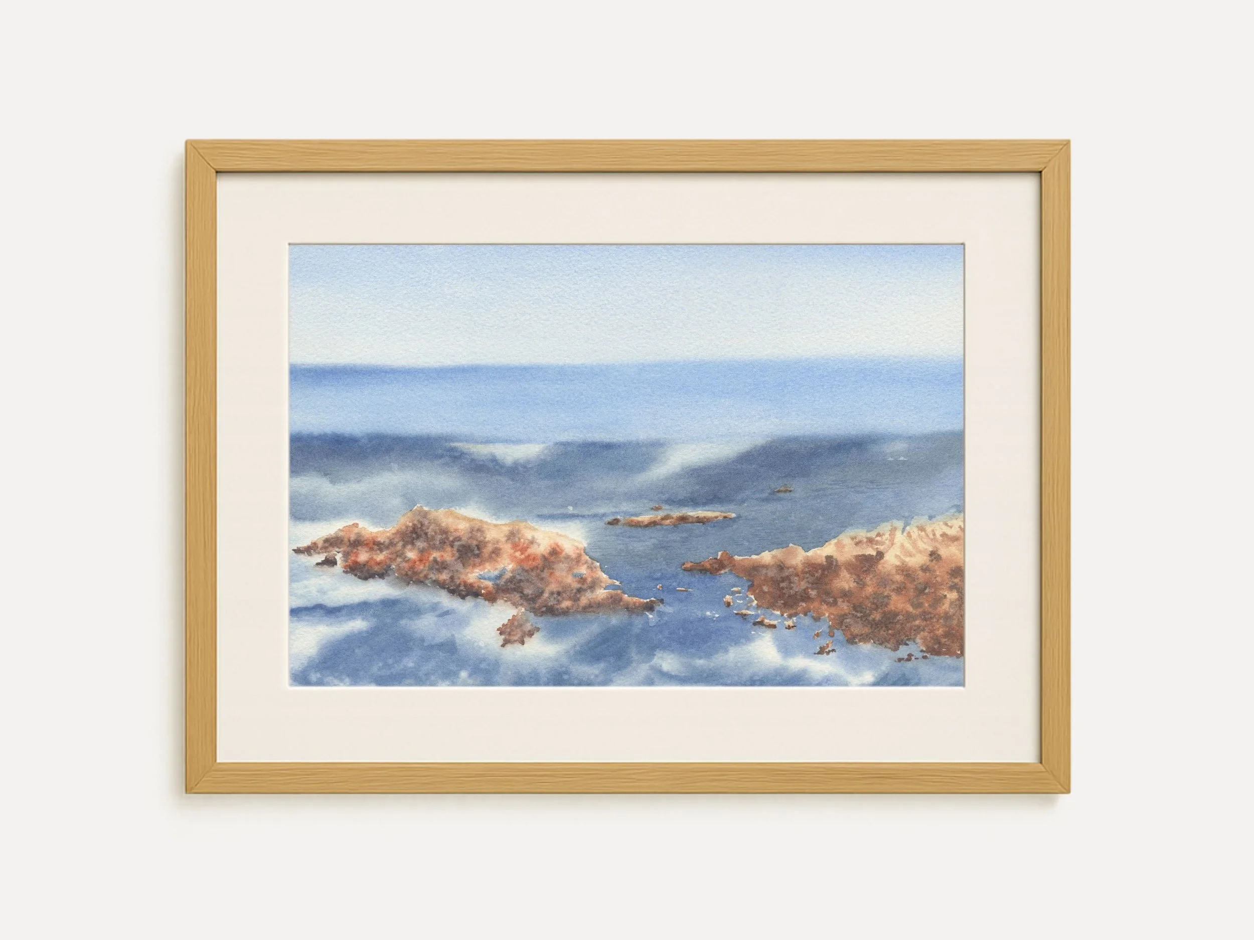 Ocean Waves with Rocks Watercolor Art Print, Seascape Wall Art, Blue Coastal Decor, Poster 3.jpg