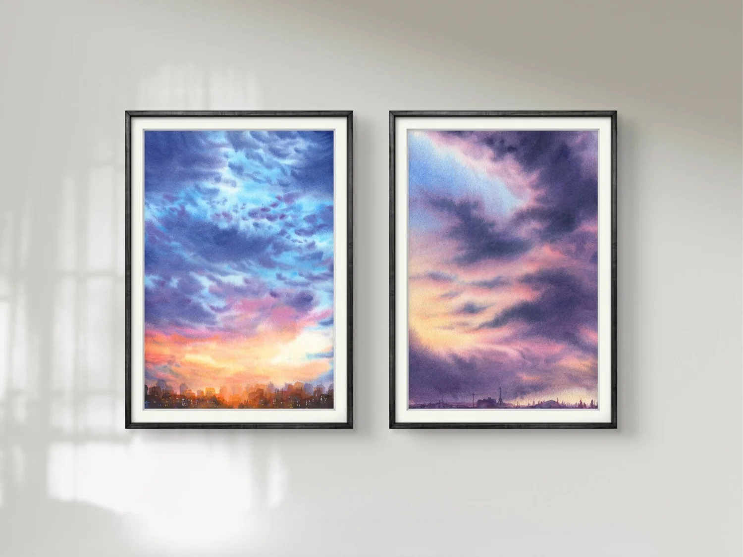 Purple Clouds - Original Watercolor Painting  with Blue Clouds