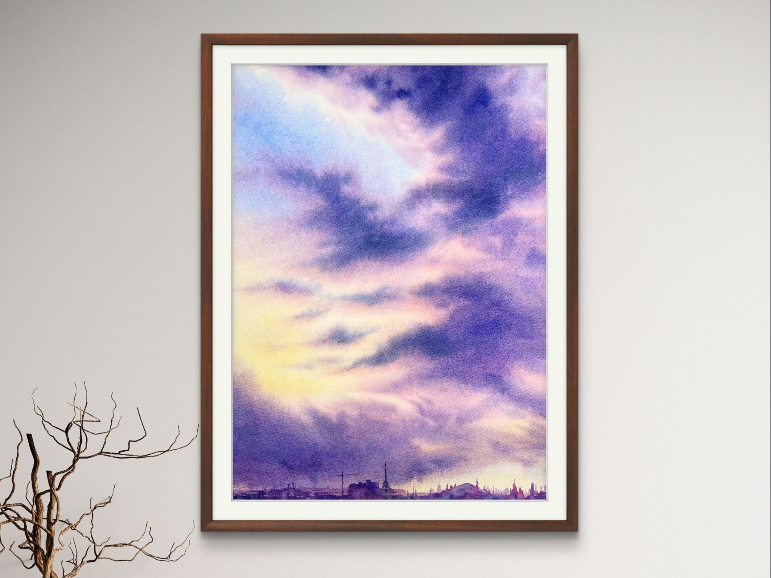 Amazing Purple Clouds - Original Watercolor Painting in setting on a shelf