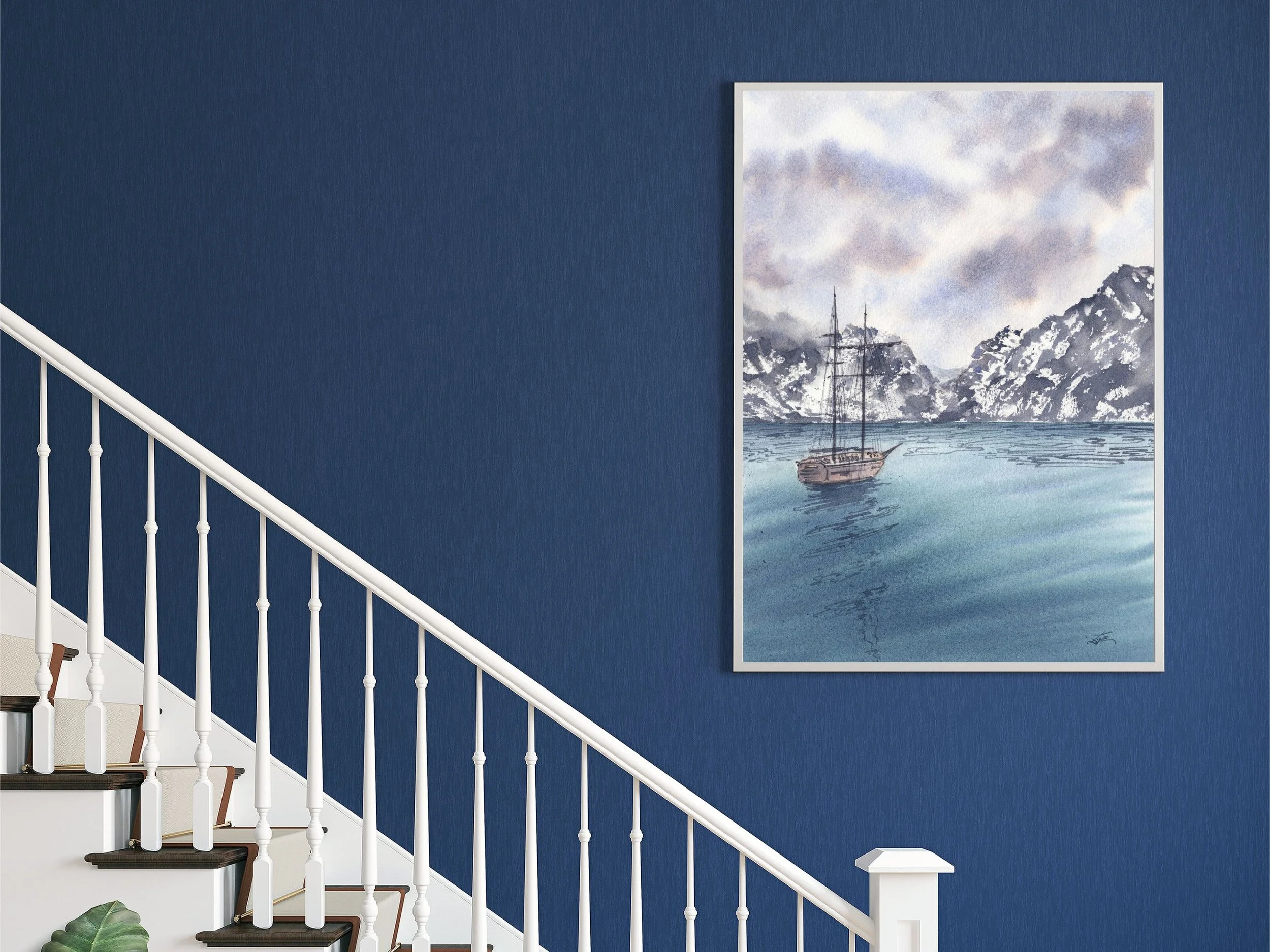 Sail Towards the Mountains Archival Art Print, Watercolor Fjord Landscape Print, Sailboat Poster 5.jpg