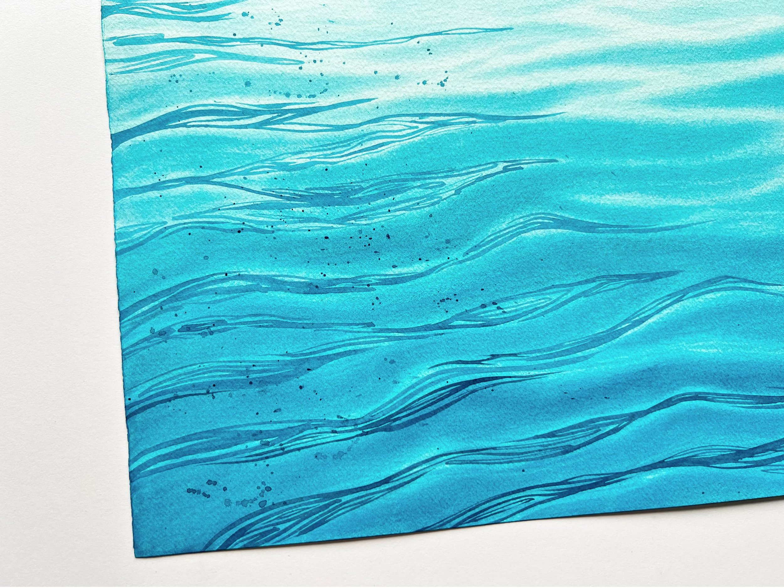 Closeup of the original watercolor painting "Still Waters" showcasing soft brushstrokes, gentle wave motion, and tranquil reflections.