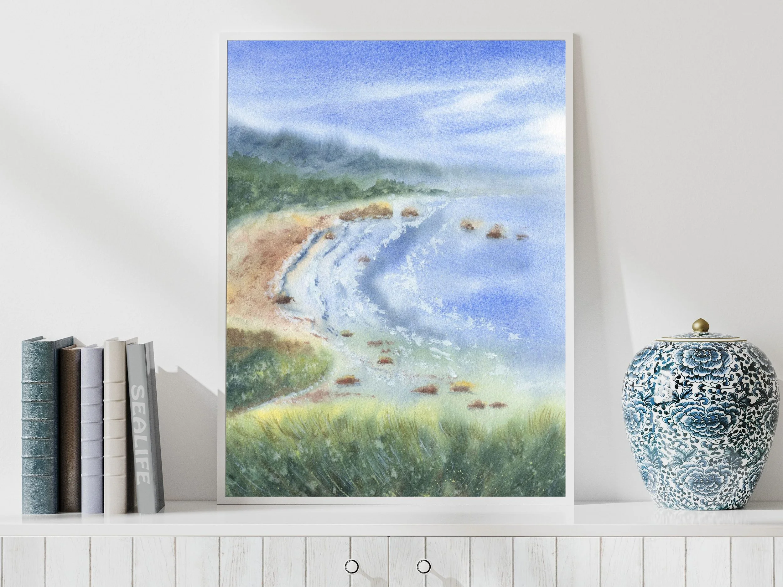 Coastal Bay Watercolor Landscape Art Print, Misty Shoreline and Cliffs 2.jpg