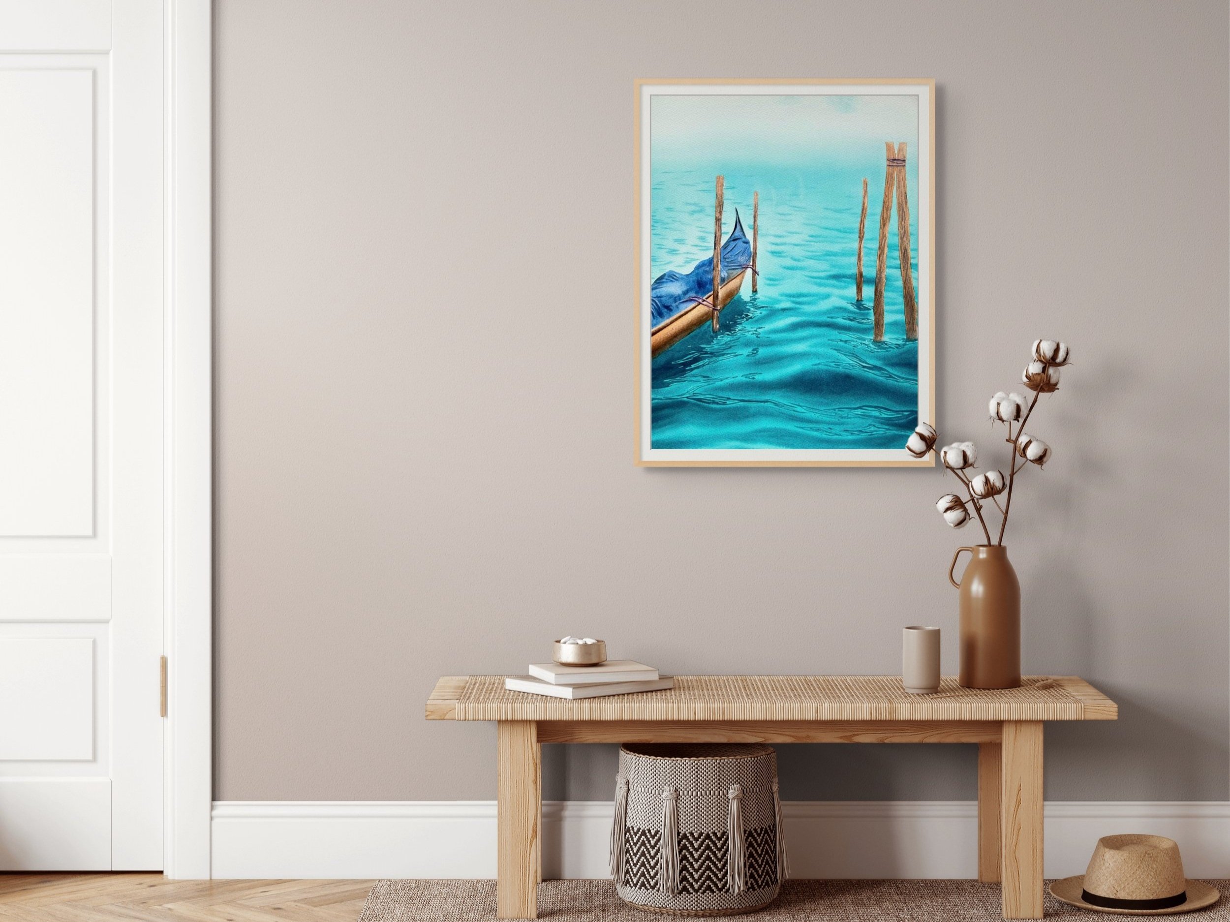 Venice Watercolor Painting in a shelf setting framed with light brown frame
