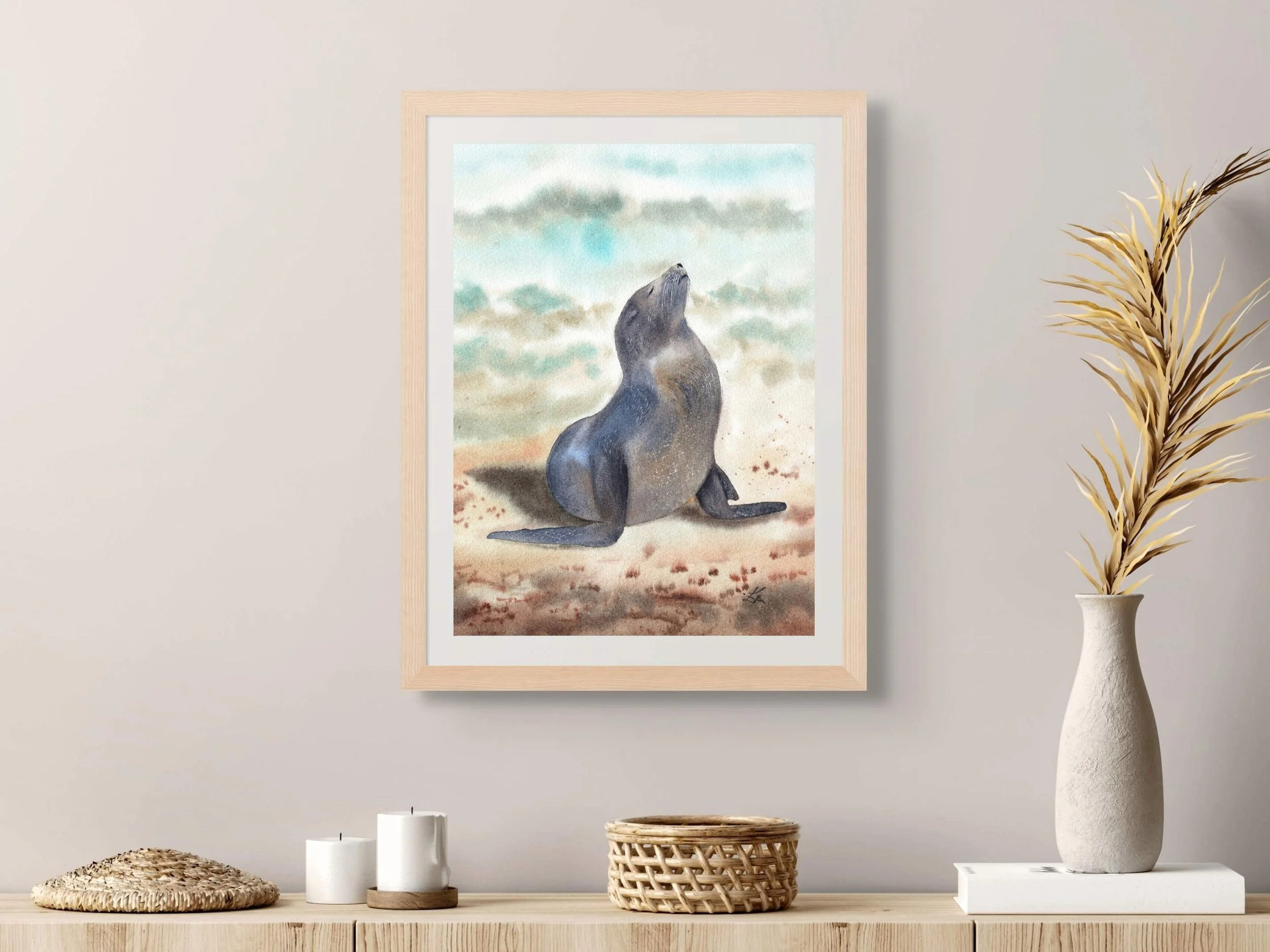 Sunbathing Seal Fine Art Print Coastal Wildlife Watercolor Wall Art Archival Art Poster 12.jpg