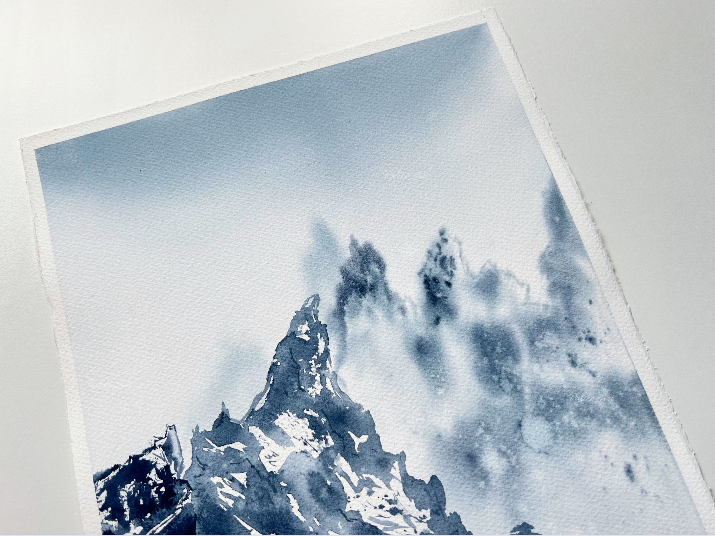 Textures - Original Watercolor Mountain Painting, Rocky Landscape Painting, Rocky Mountain National Park, Monochrome Original Home Art Decor closeup of the top of the painting