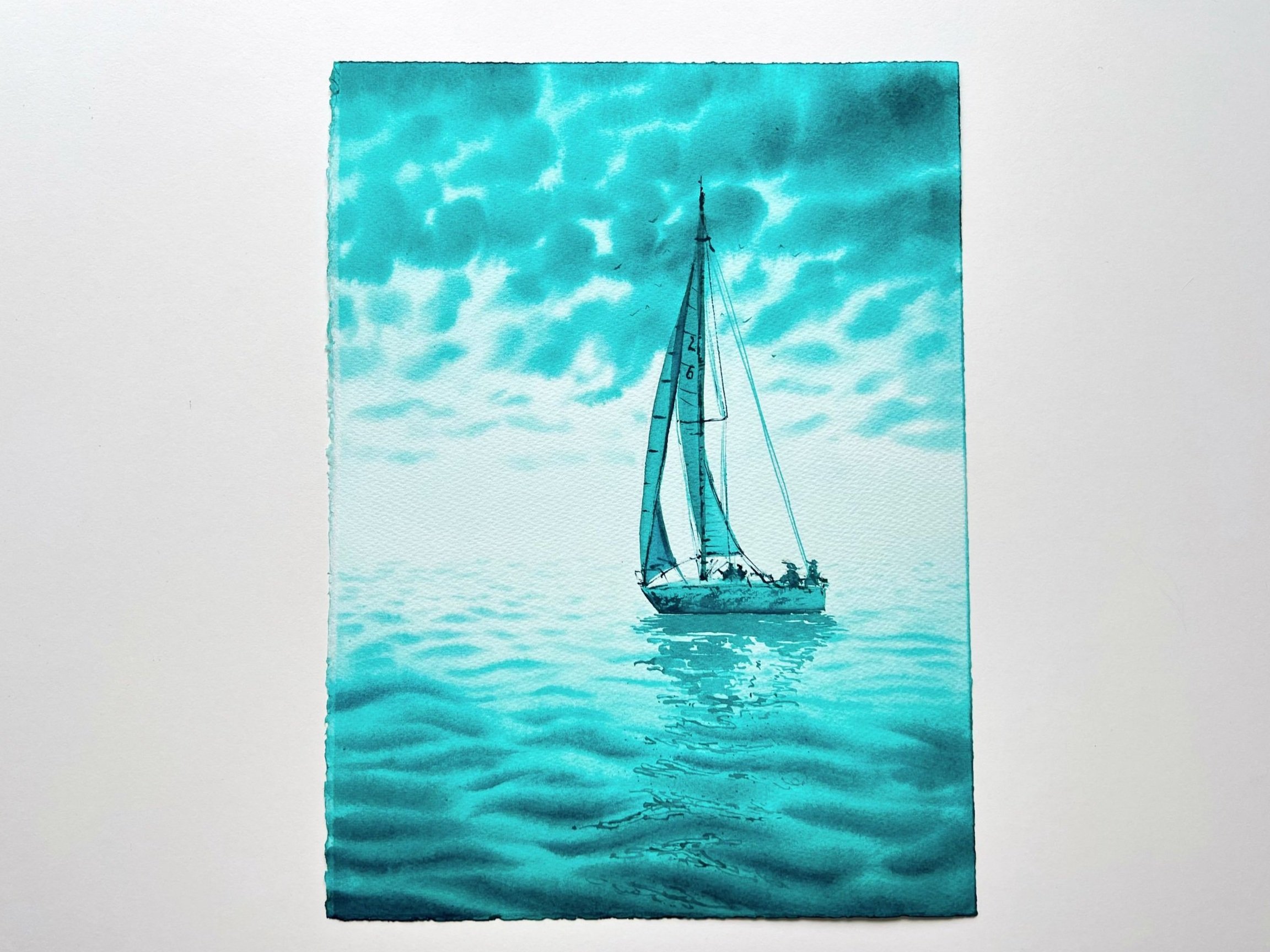 Closeup of a monochromatic turquoise watercolor of a sailing yacht in the open sea. "Turquoise Green" evokes adventure and freedom with dynamic brushstrokes and vibrant hues.