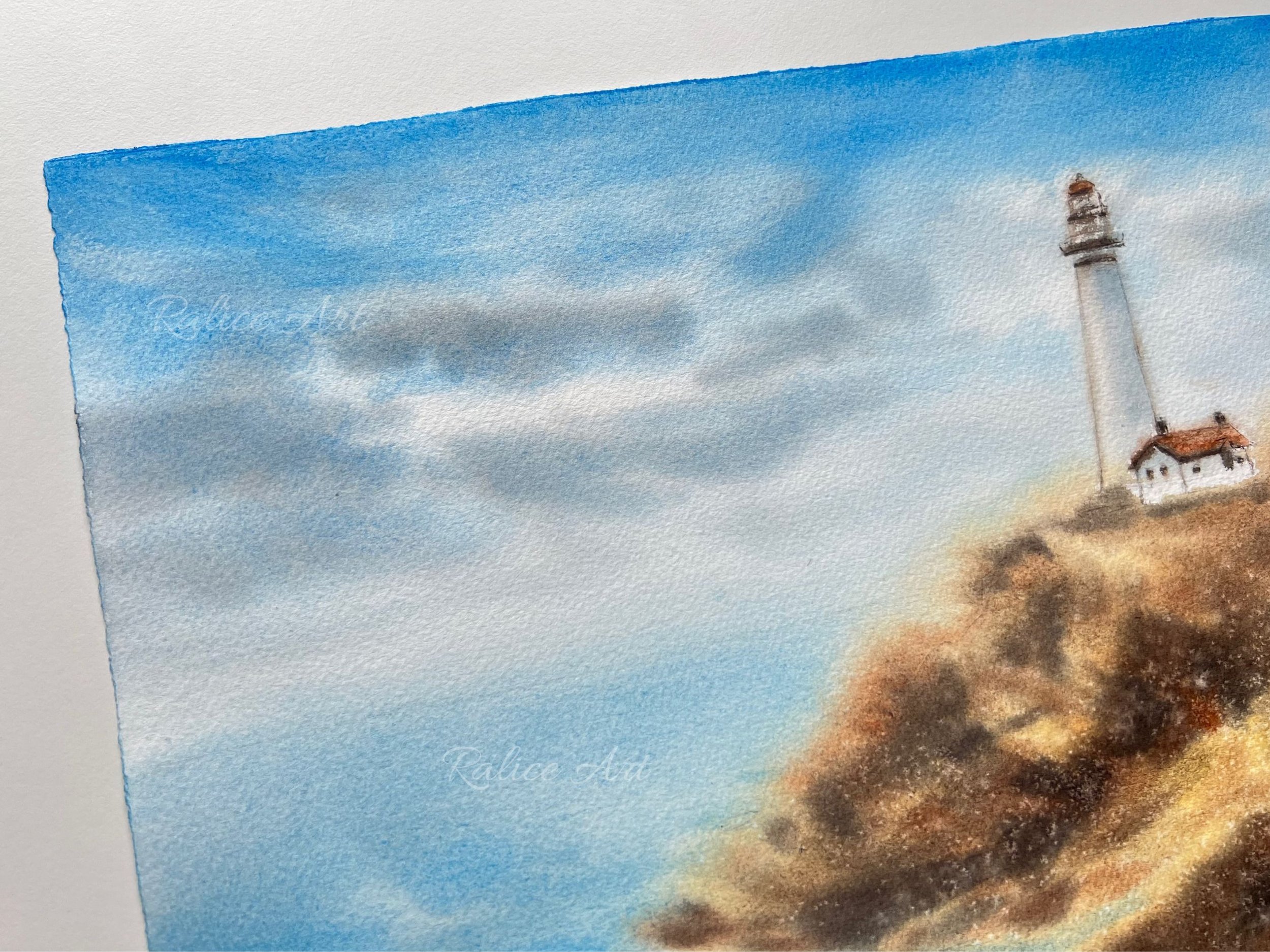 Lighthouse Original Watercolor Painting, Landscape Wall Art, Farm House Wall Art, Impressionistic Art Decor, Housewarming Gift, Rocky Cliff