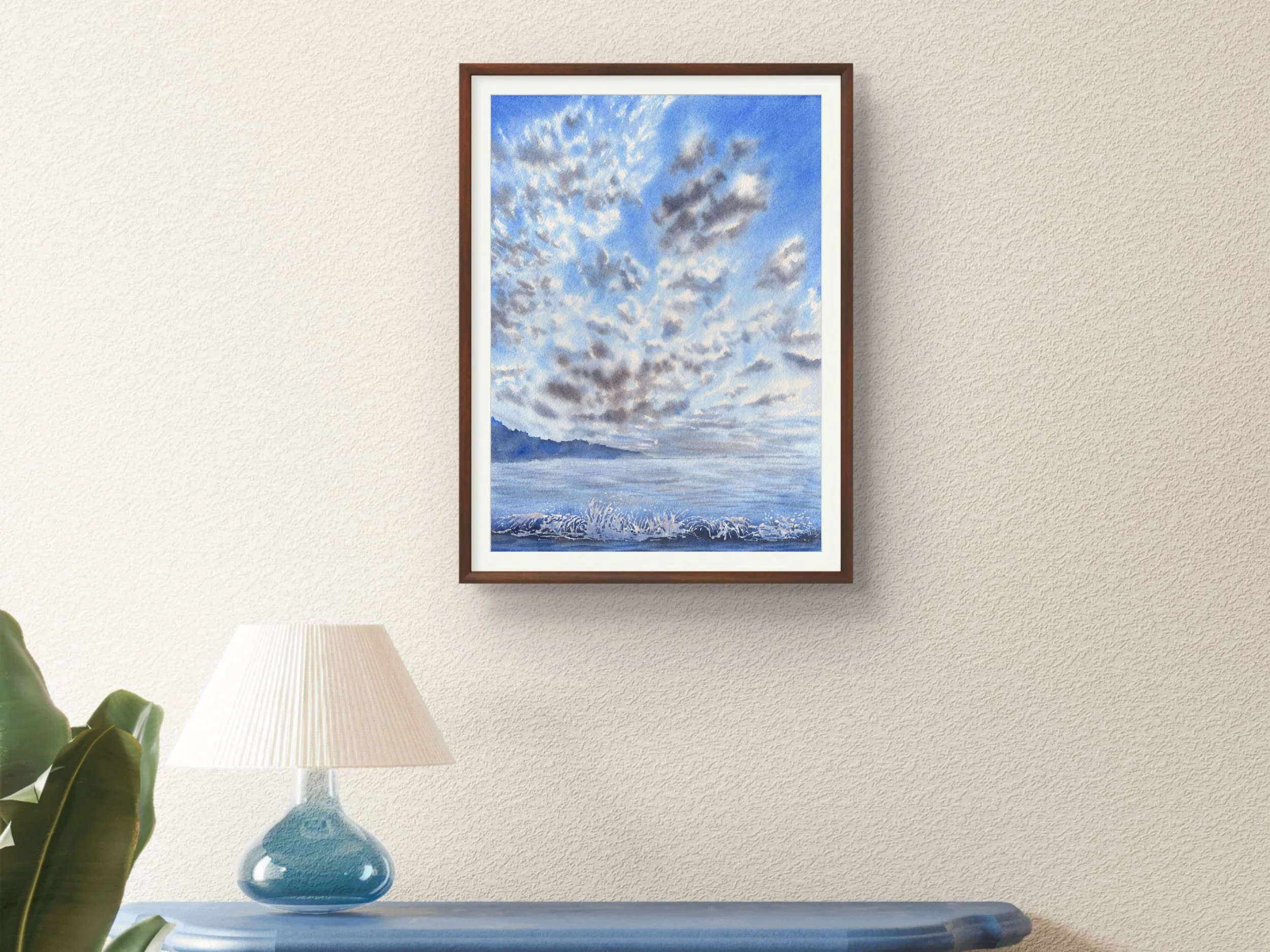 Clouds Fine Art Print, Fluffy Cirrocumulus Sky Watercolor Print, Blue Sky Wall Art, Minimalist Nature Decor 10.jpg