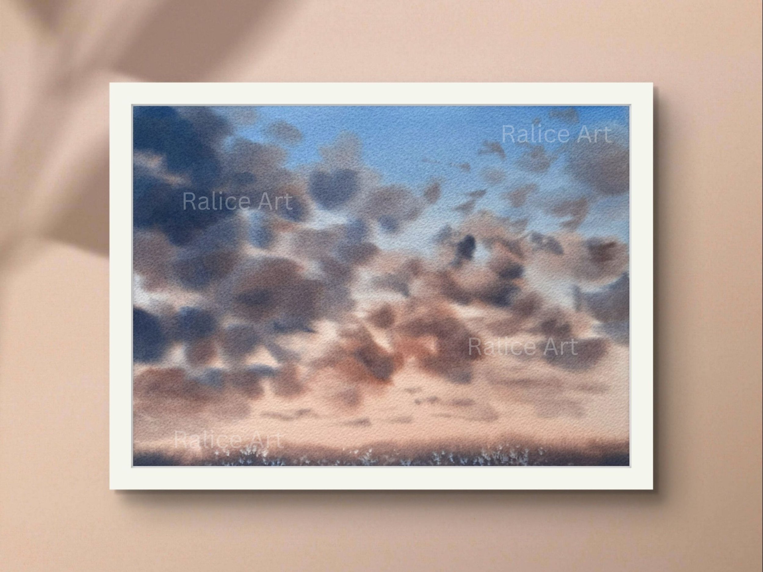 Move Forward Sunset Clouds Original Watercolor Painting, Cloudscape Wall Art Decor, Stormy Sky Clouds Duochrome Painting, Housewarming Gift by Ralice Art framed