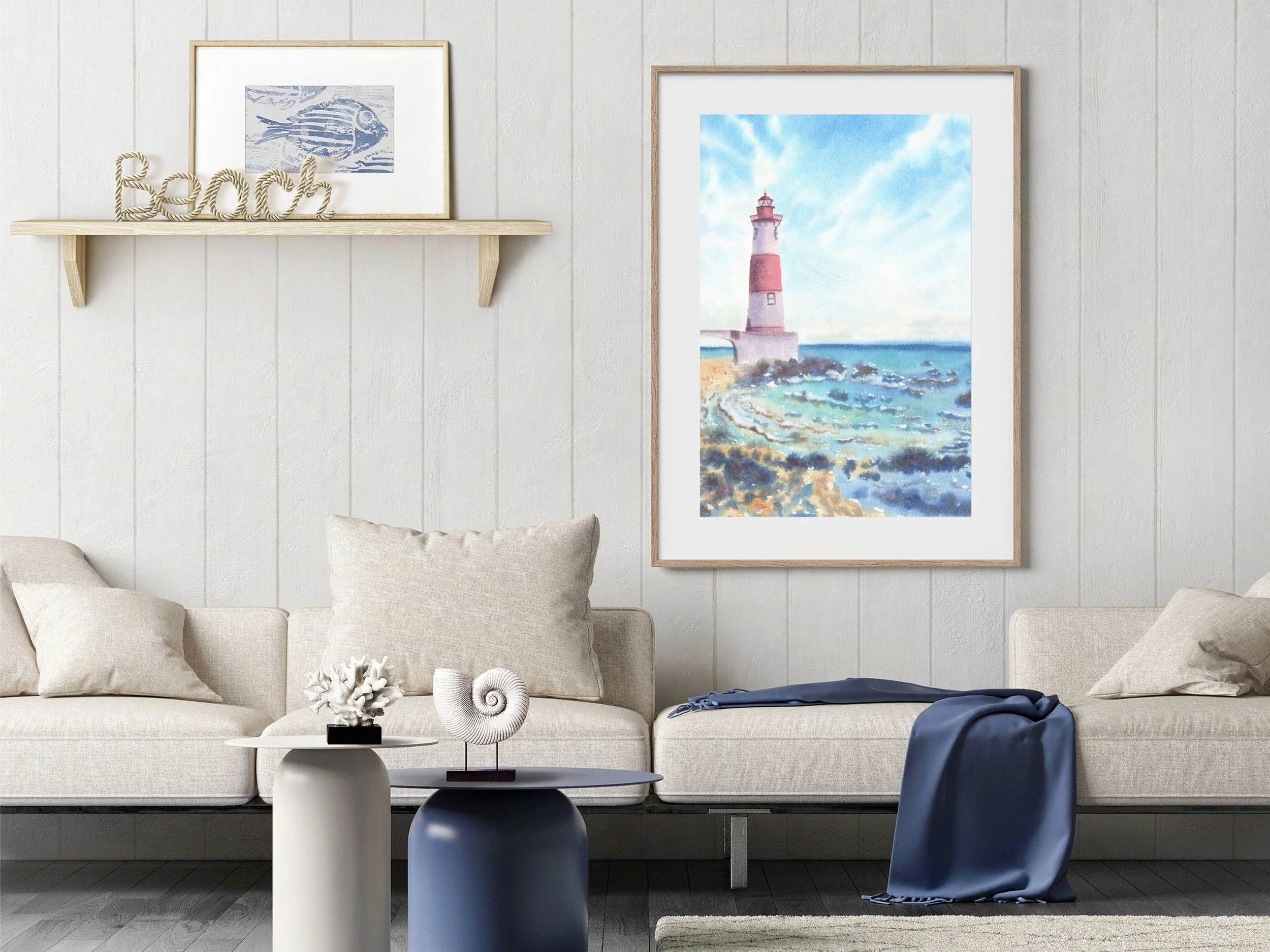 Coastal Lighthouse Archival Art Print, Watercolor Lighthouse Painting, Nautical Wall Art, Ocean Landscape Decor 4.jpg