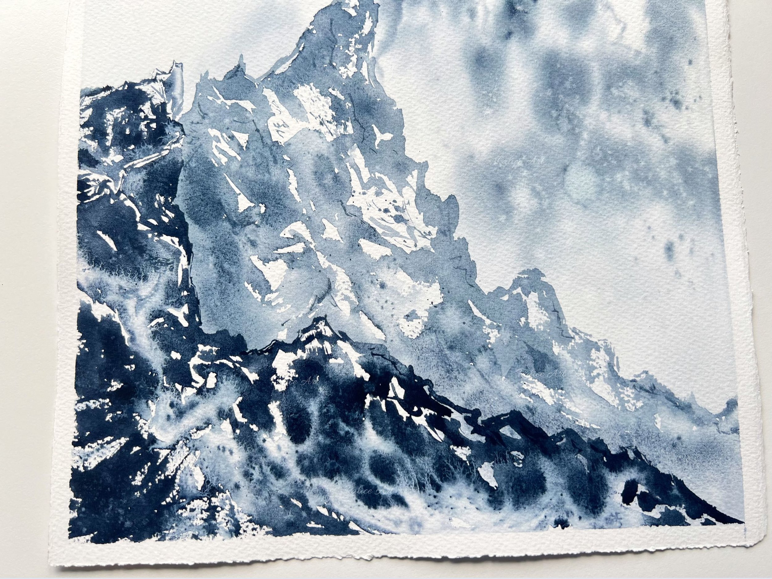 Textures - Original Watercolor Mountain Painting, Rocky Landscape Painting, Rocky Mountain National Park, Monochrome Original Home Art Decor closeup of the bottom of the painting