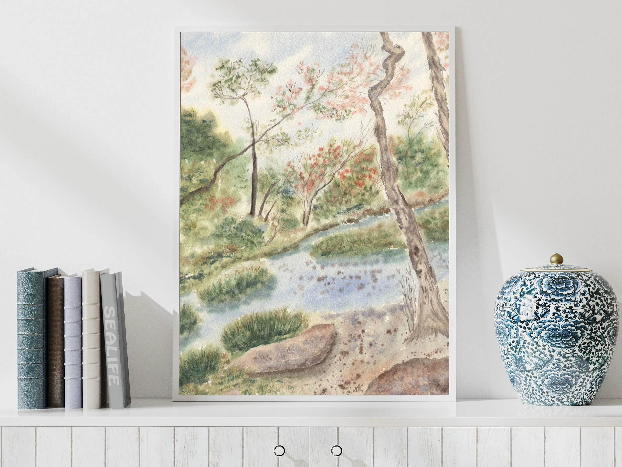 Woodland Landscape Art Print with Gentle Stream and Trees - Serene Nature Scene Forest Wall Art Poster 2.jpg