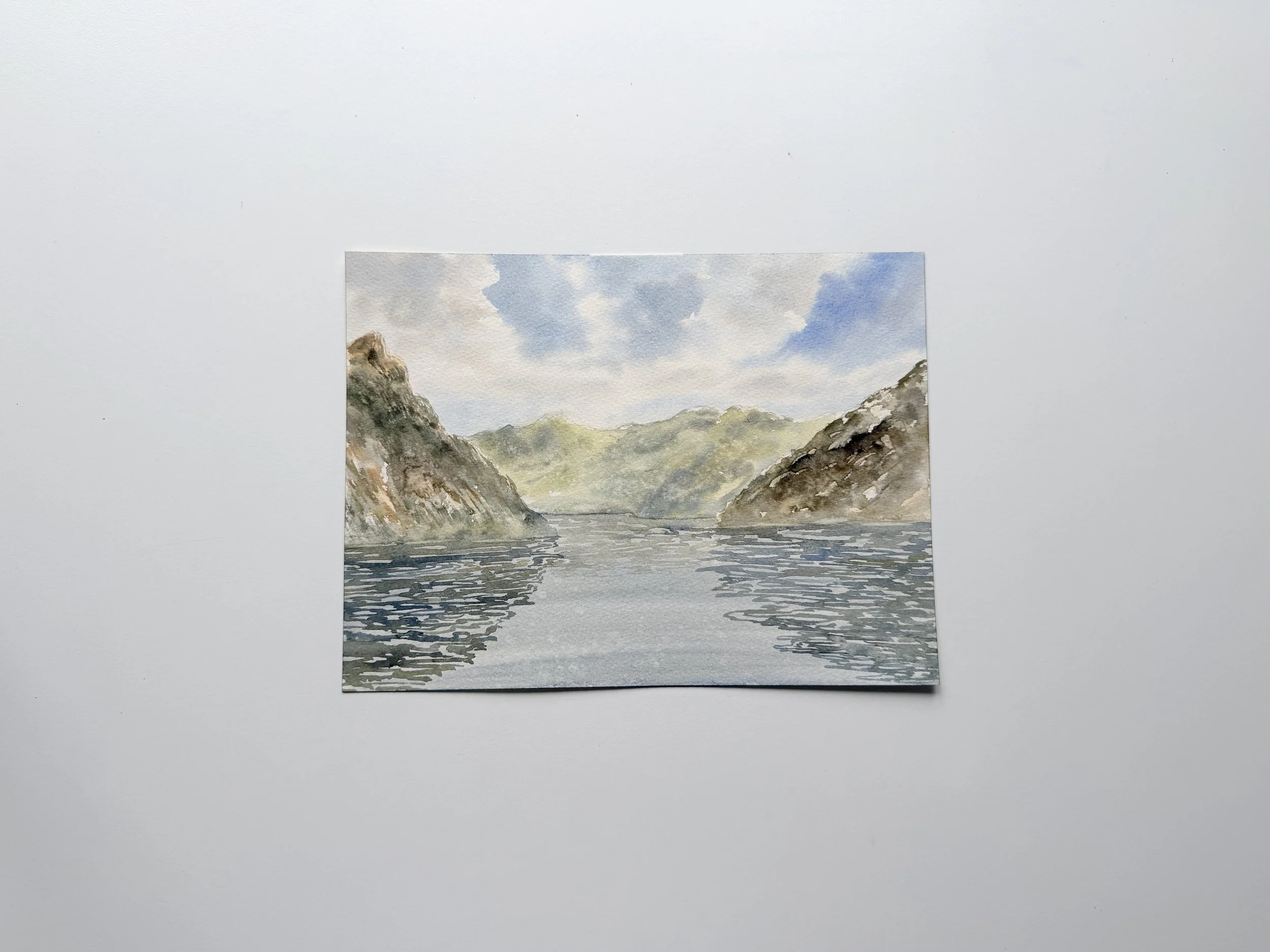 Original Watercolor Landscape Painting Serene Fjord Scene with Rocky Mountain 7.jpg