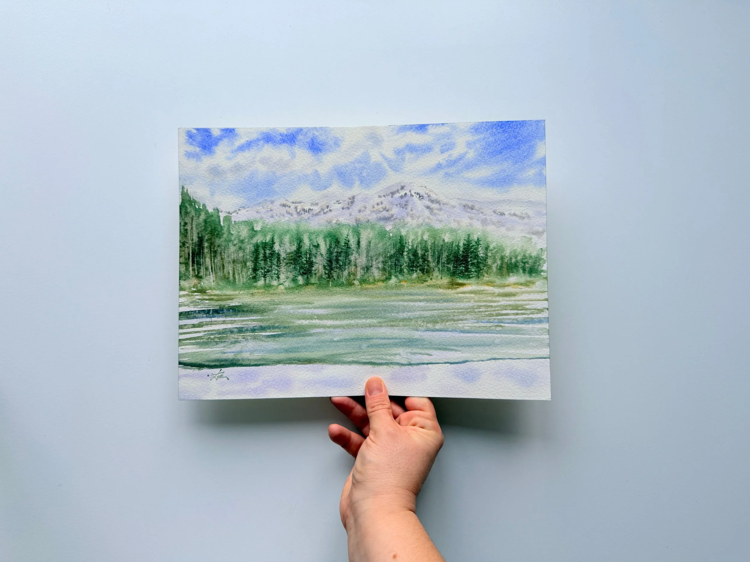 Original Watercolor Forest Lake Painting, Misty Pines and Calm Water, Atmospheric Nature Landscape, Hand Painted 5.jpg