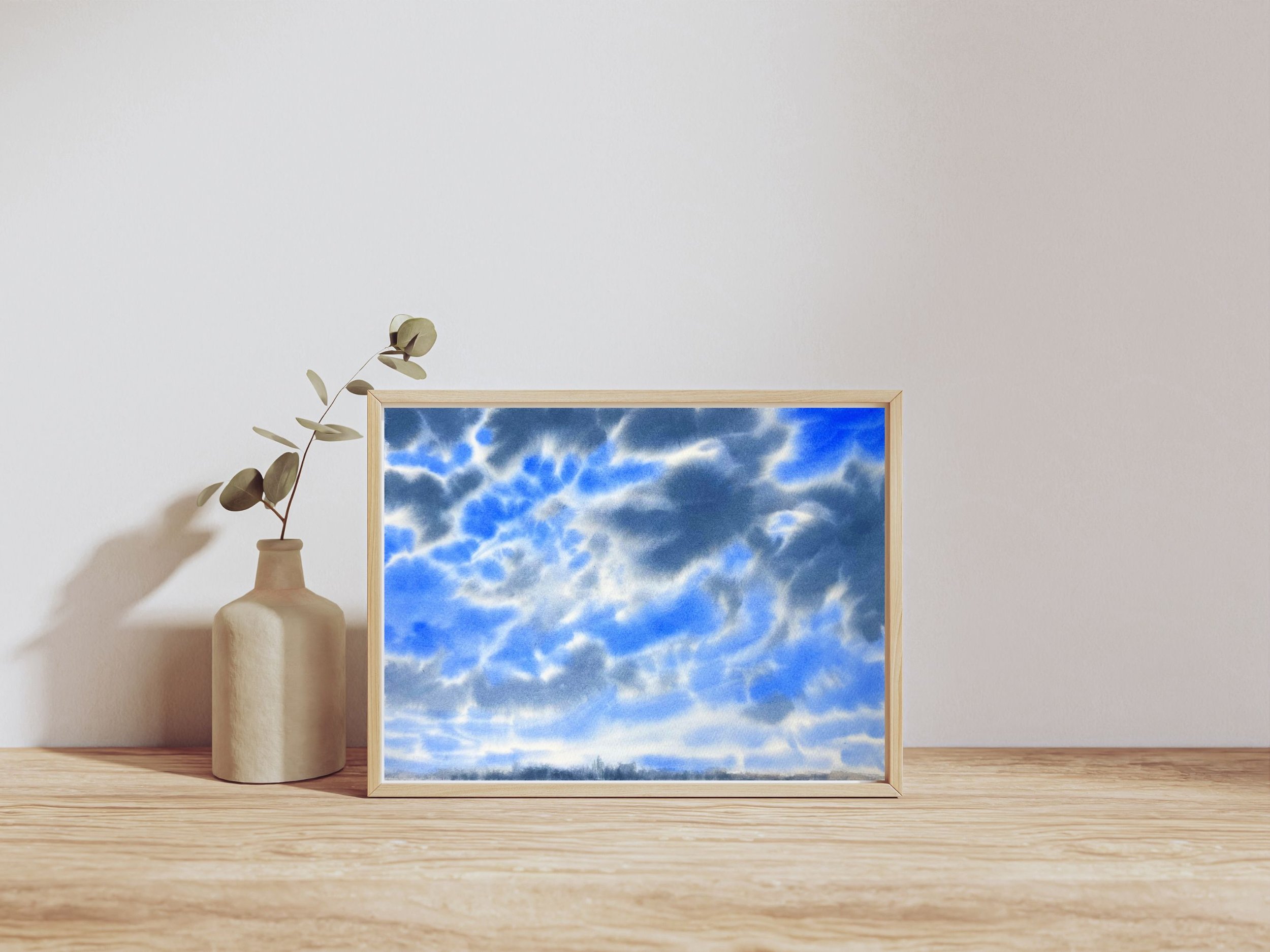 Just Before the Storm – Original Watercolour Sky Painting, Minimalist Cloud Art for Your Home Office framed