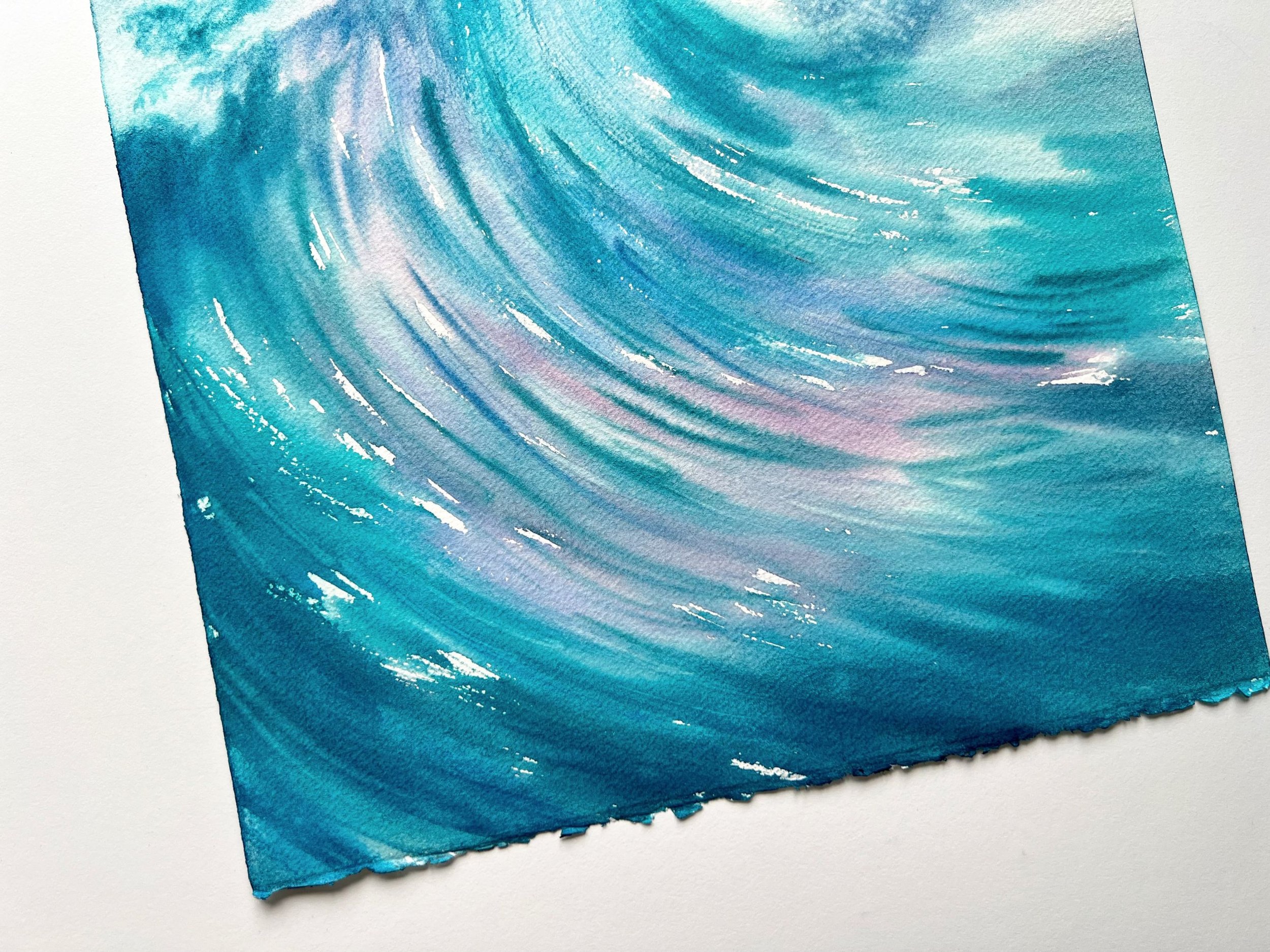 Splash of Colour is an original watercolor celebrating the ocean's untamed power in bold blues, pinks, and purples create dynamic energy.