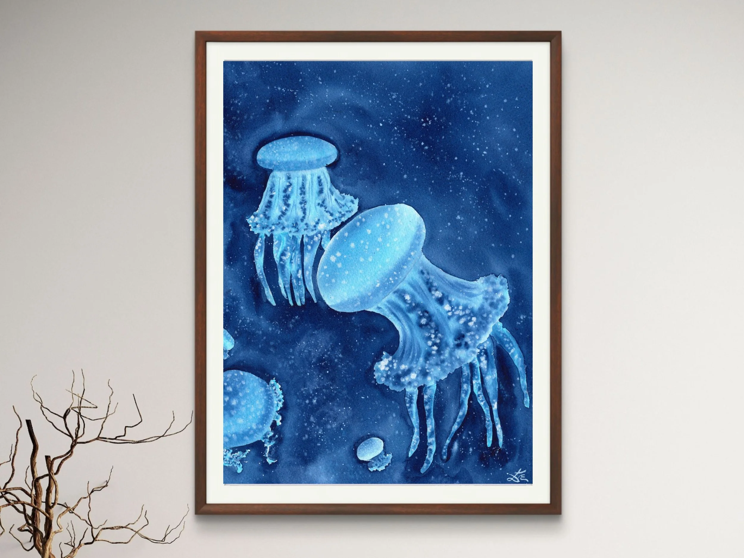 Blue Jellyfish Original Watercolor Painting, Ocean Marine Life Art, Deep Sea Creature Wall Decor, Nautical Coastal Artwork 14.jpg