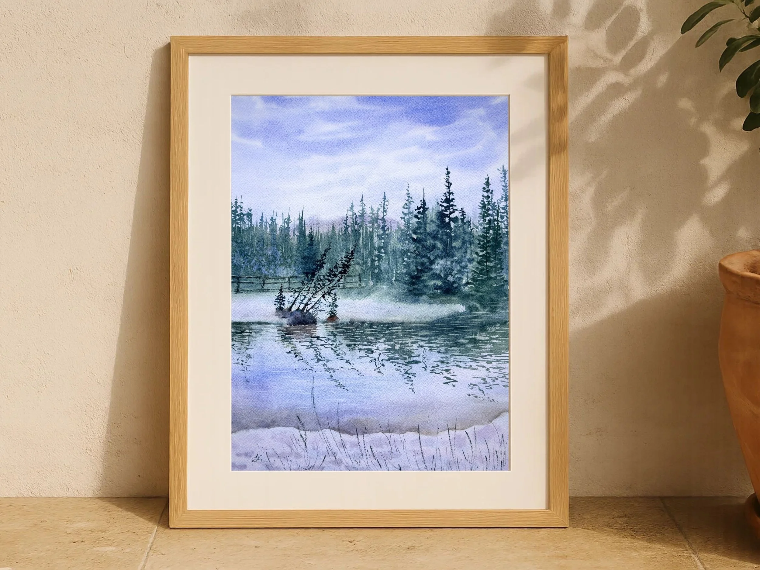 Nature`s Reflections Original Watercolor Forest Lake Landscape Painting Misty Pine Trees and Calm Water Moody Nature Scene Hand Painted Woodland Wall Art 2.jpg