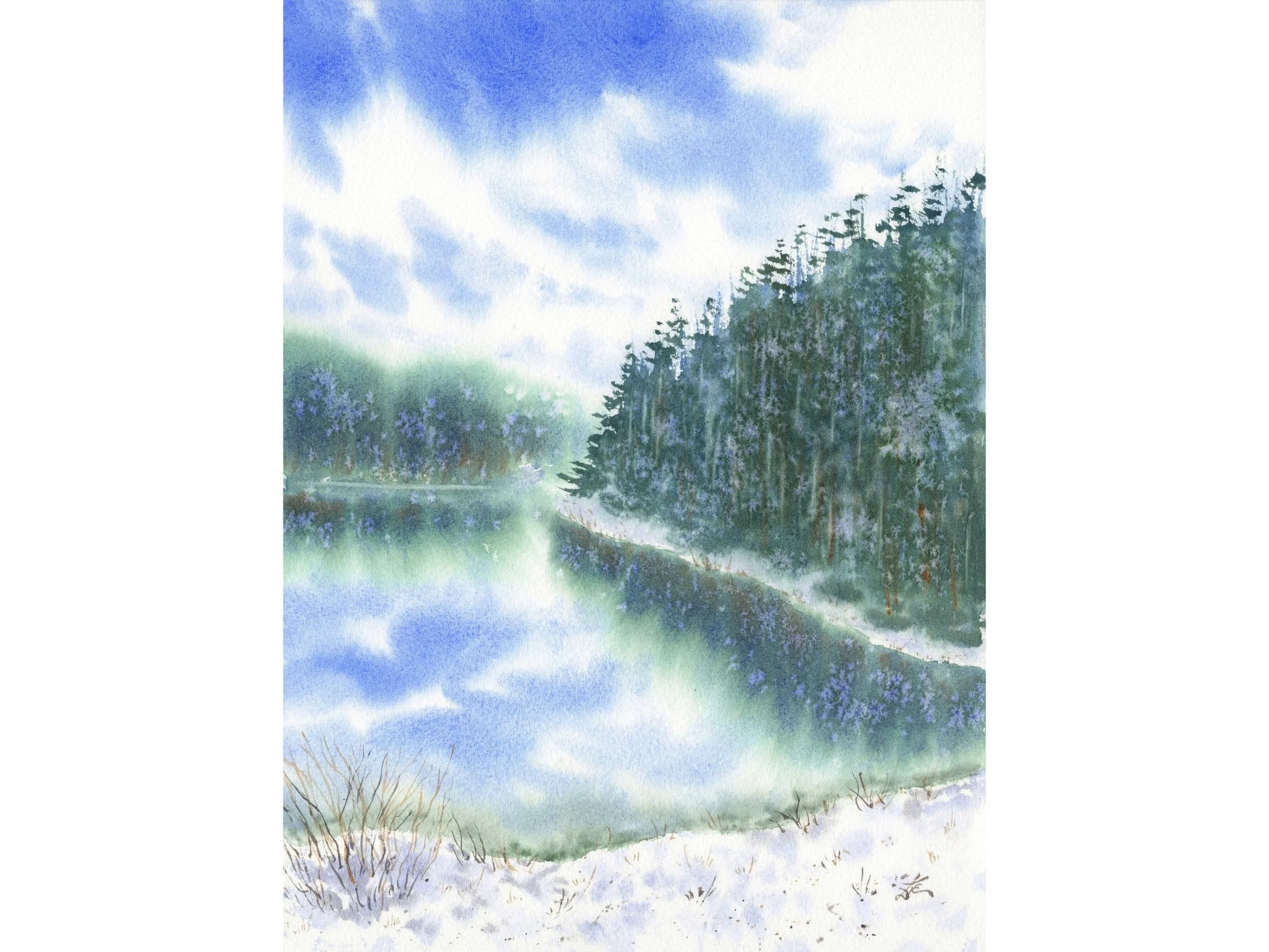 When the Snow Falls Down Day 5 Original Watercolor Winter Lake Landscape Painting Snowy Forest Reflection Serene Nature Scene Hand Painted Woodland Wall Art Decor 8.jpg