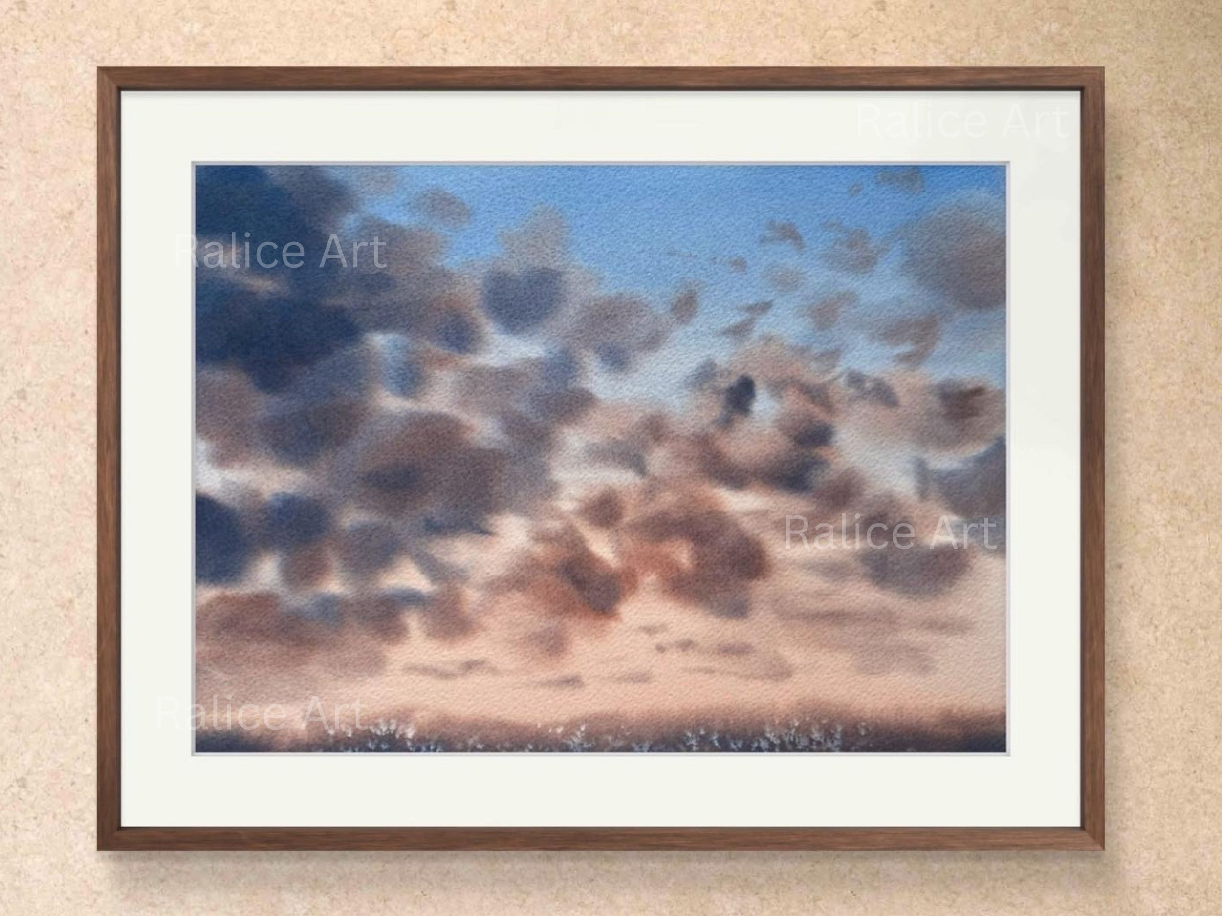 Move Forward Sunset Clouds Original Watercolor Painting, Cloudscape Wall Art Decor, Stormy Sky Clouds Duochrome Painting, Housewarming Gift by Ralice Art framed