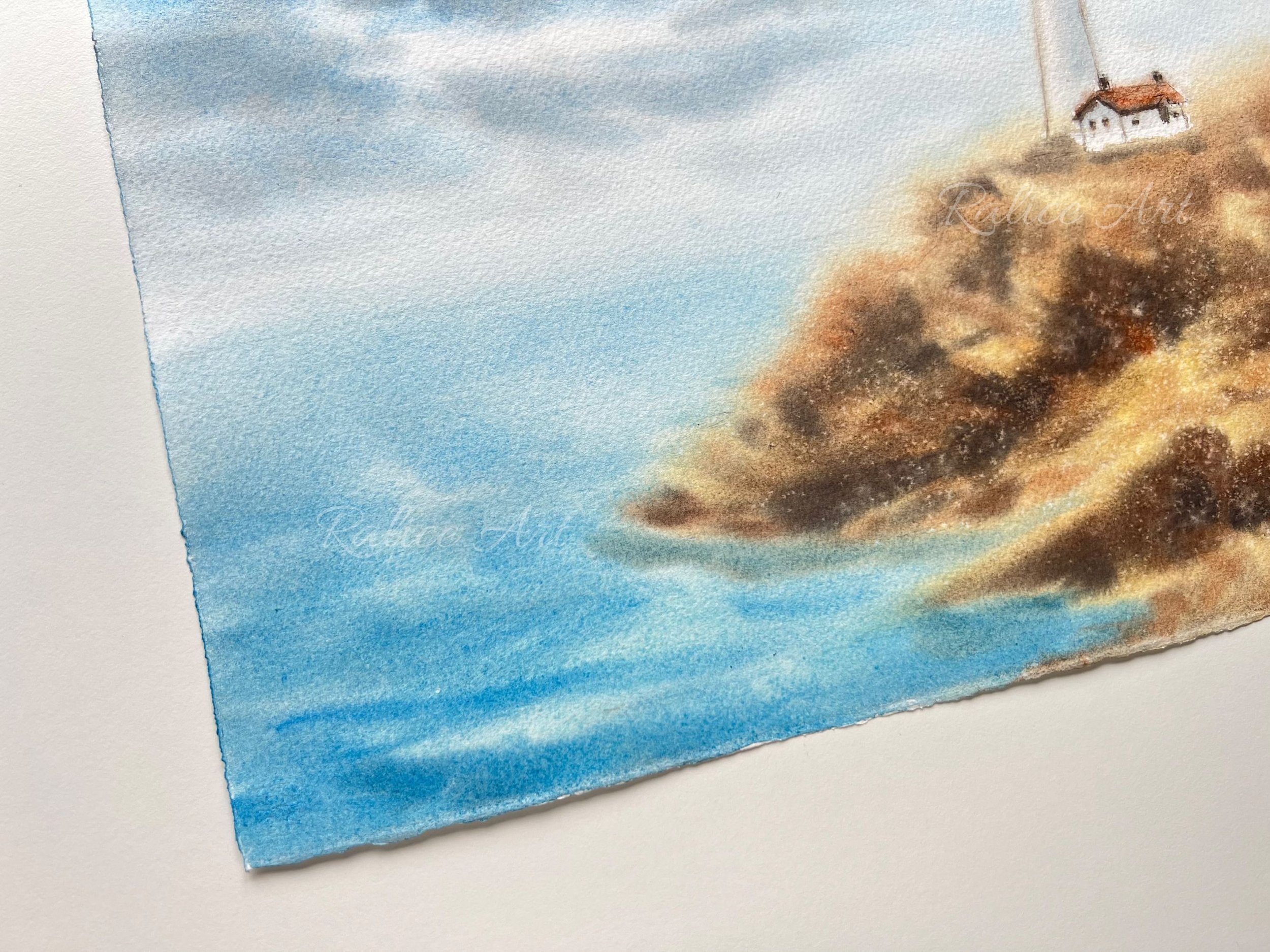 Lighthouse Original Watercolor Painting, Landscape Wall Art, Farm House Wall Art, Impressionistic Art Decor, Housewarming Gift, Rocky Cliff