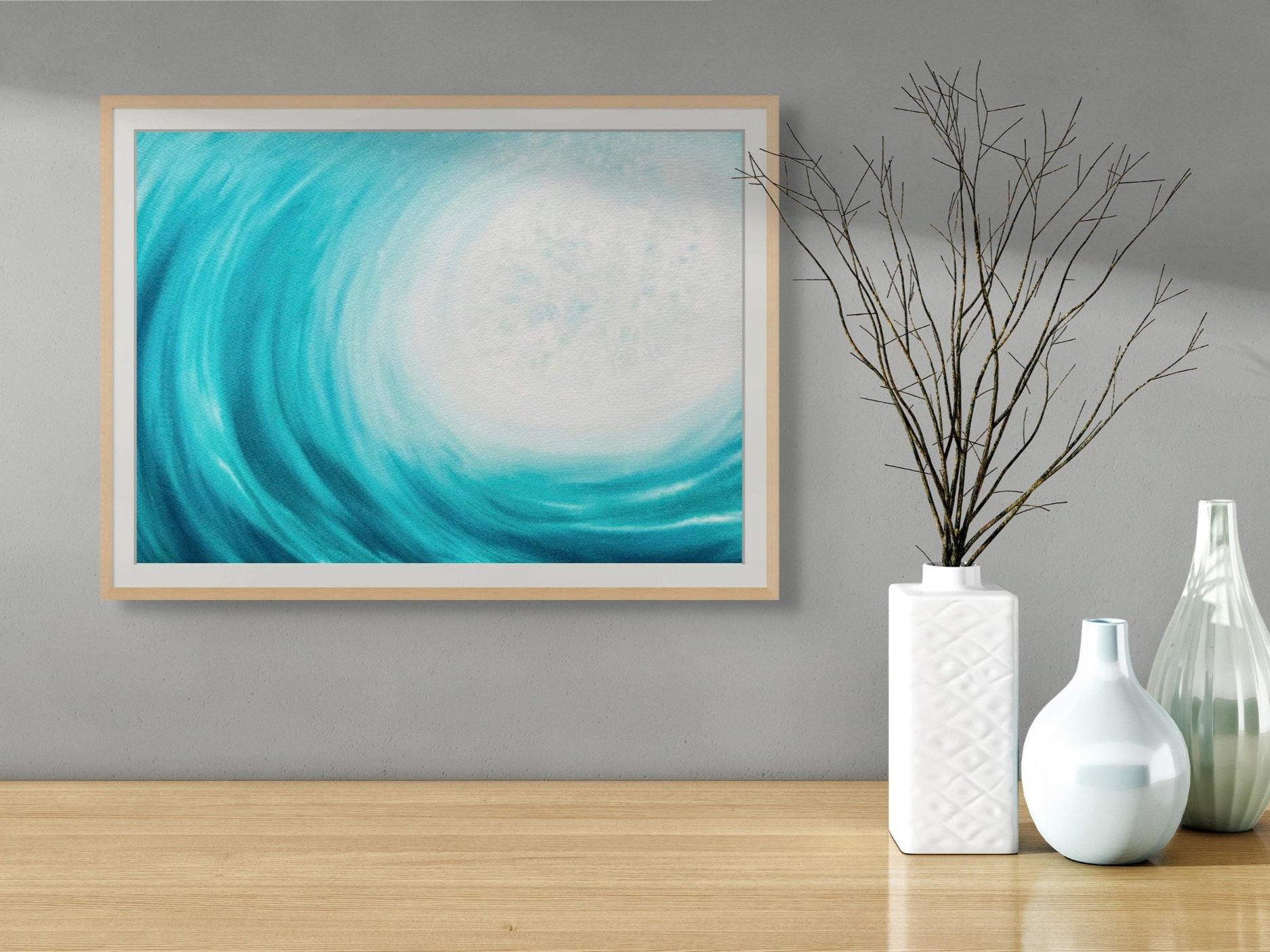 Framed watercolor painting "Blue Serenity" staged in a minimalistic setting. Elegant and calming wave art for a serene atmosphere.