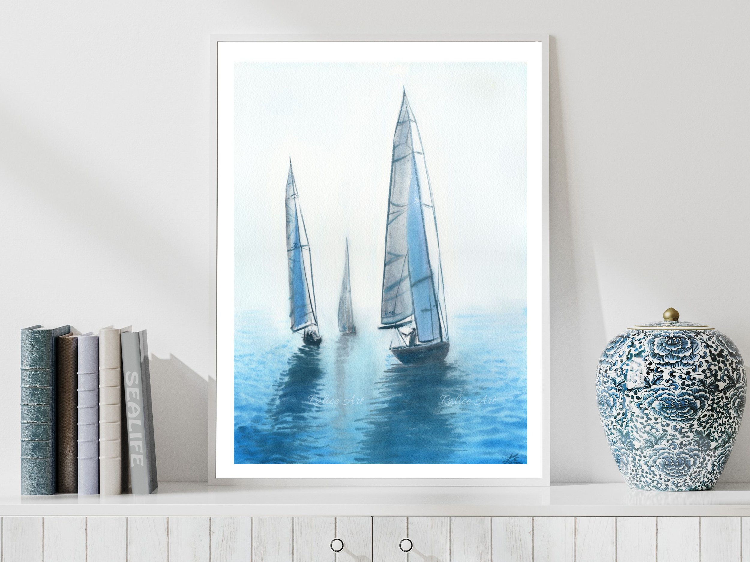 Je T'aime Ma Mer Rowing Regatta Original Watercolor Painting, Yachts Painting Sailing Boat Art Coastal Nautical Painting Mediterranean Decor