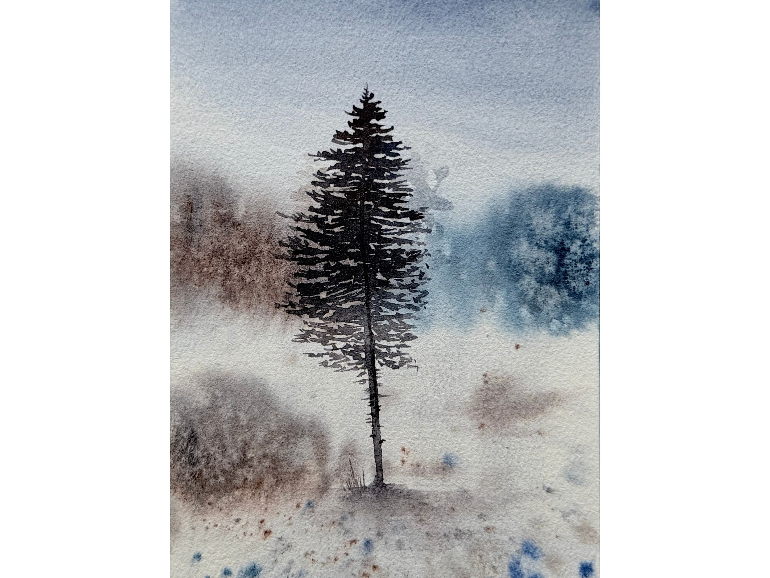 Original Watercolor Pine Tree Painting, Misty Forest Landscape, Minimal Nature Art.jpg