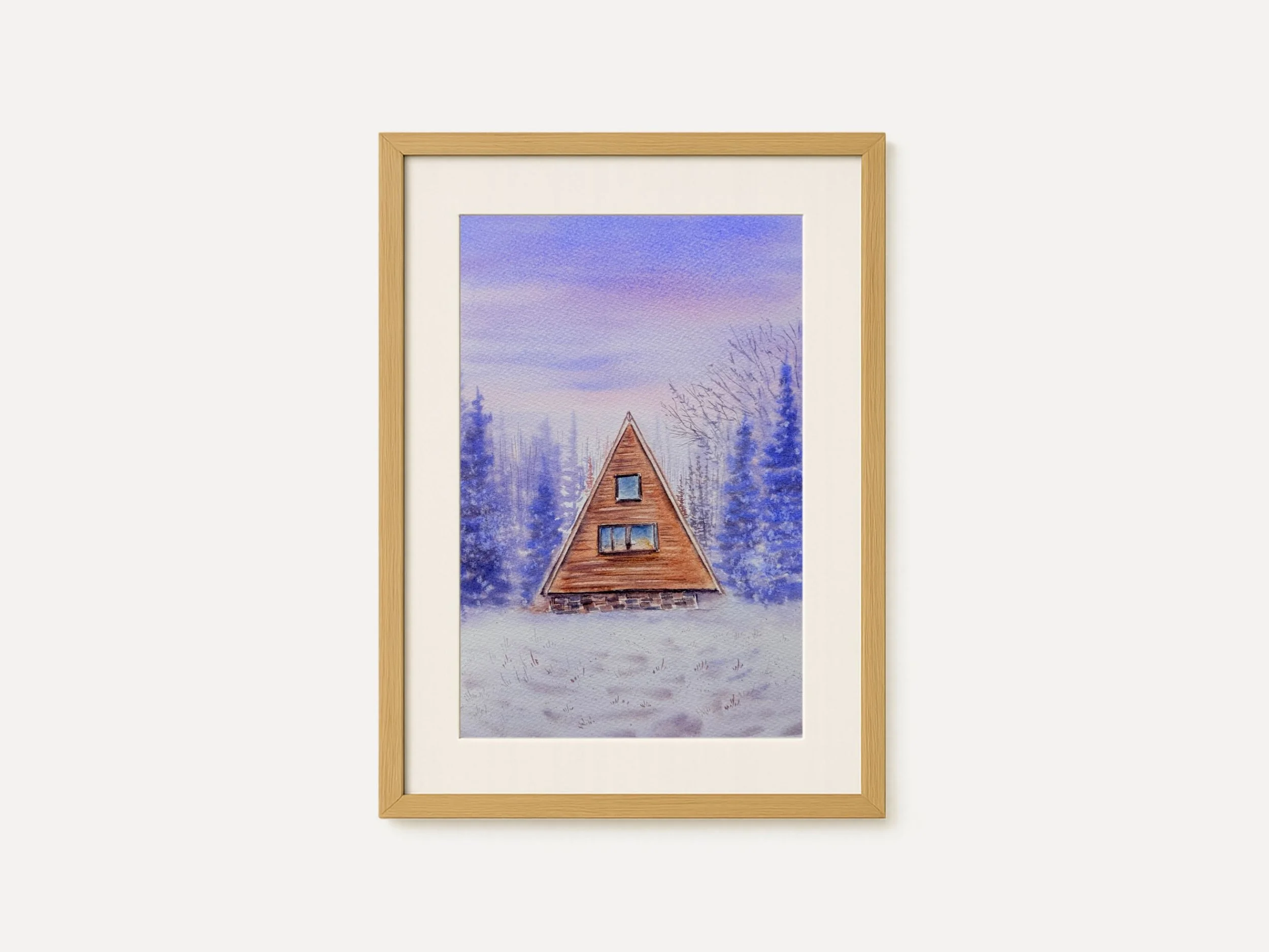 Original Watercolor Winter Cabin Painting, Snowy Pine Forest in Pastel Purple Tones, Cozy Winter Landscape 4.jpg