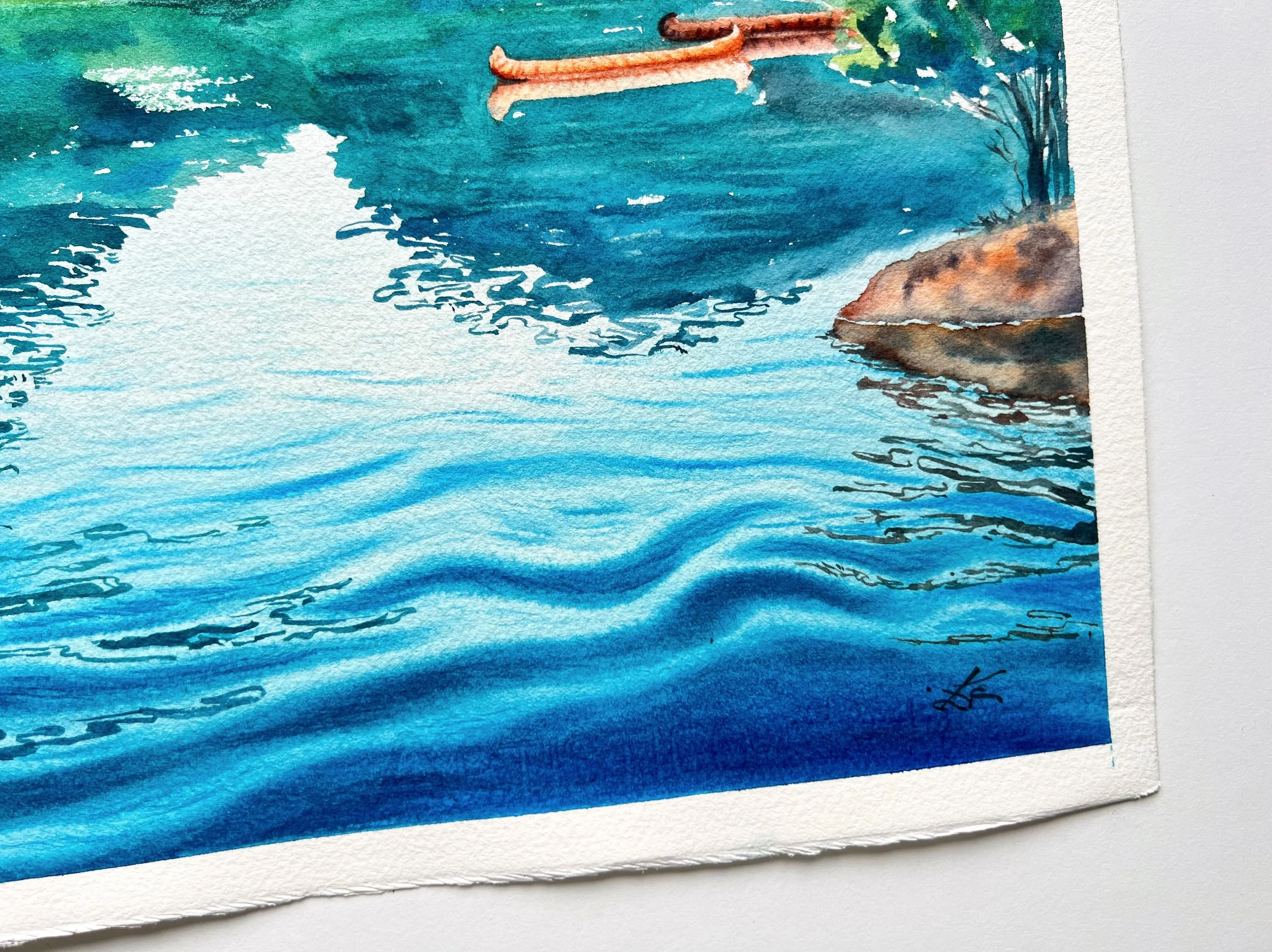 Close up of Original Watercolour Painting on Paper inspired by the stunning Lago di Braies in the Italian Dolomites