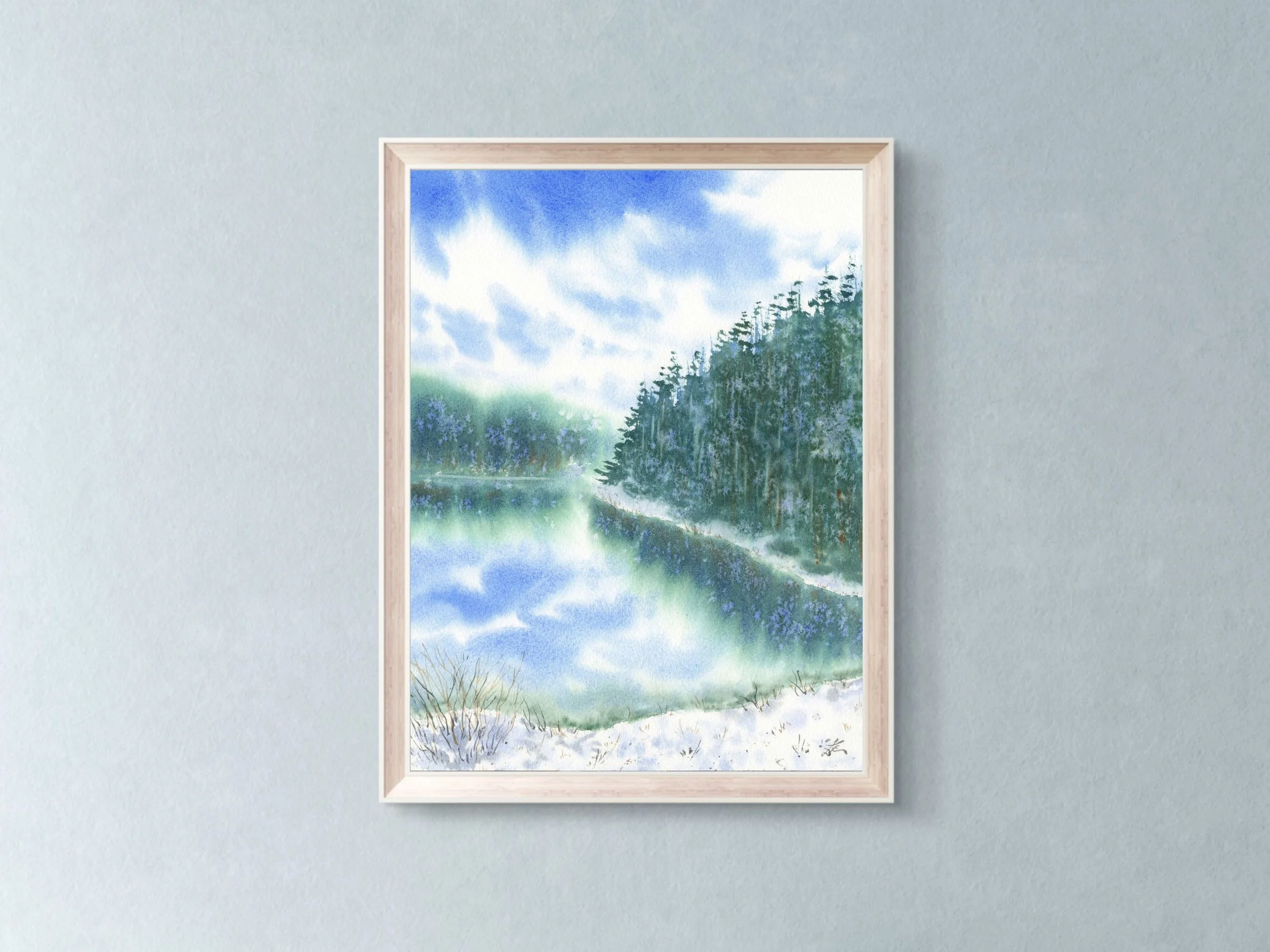 Pine Trees Fine Art Print Winter Landscape Painting Snowy Pine Forest Art Serene Lake Scene 11.jpg