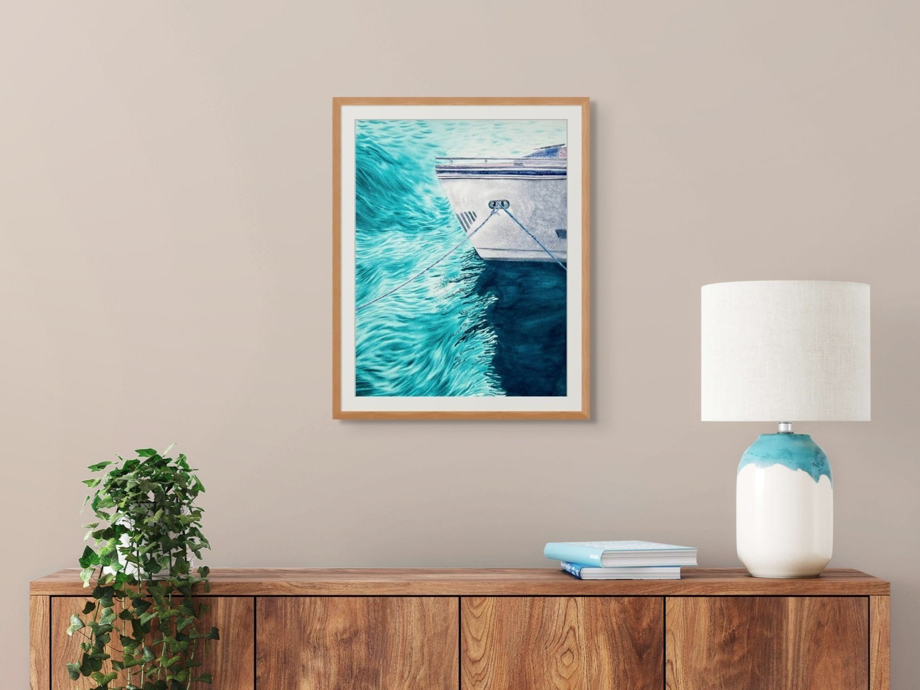 Original watercolor painting "Wind" framed and staged in a living room or hallway, adding nautical elegance and dynamic energy to the space.