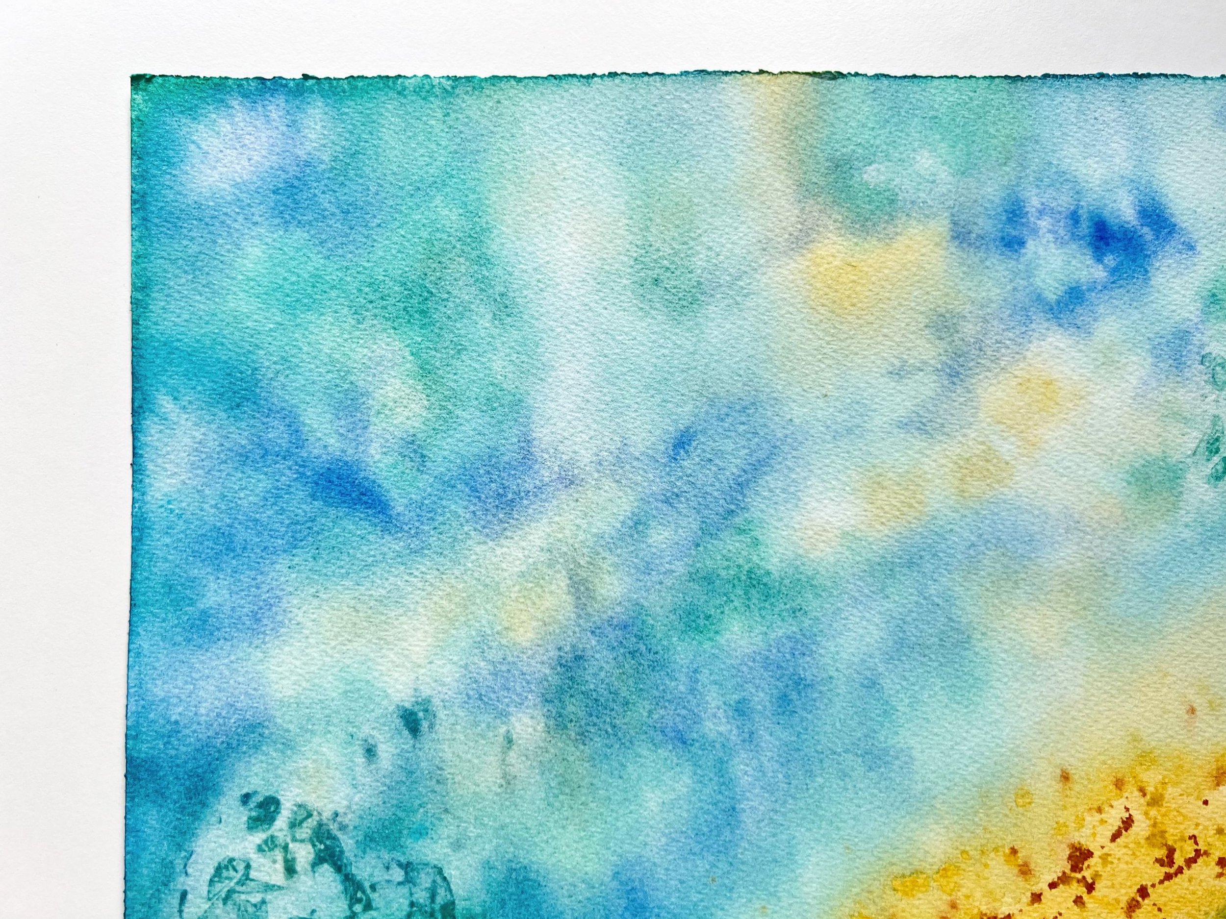 Closeup of the original watercolor painting "Abstract Seascape" showcasing soft hues, flowing brushstrokes, and textured details for a serene coastal feel.