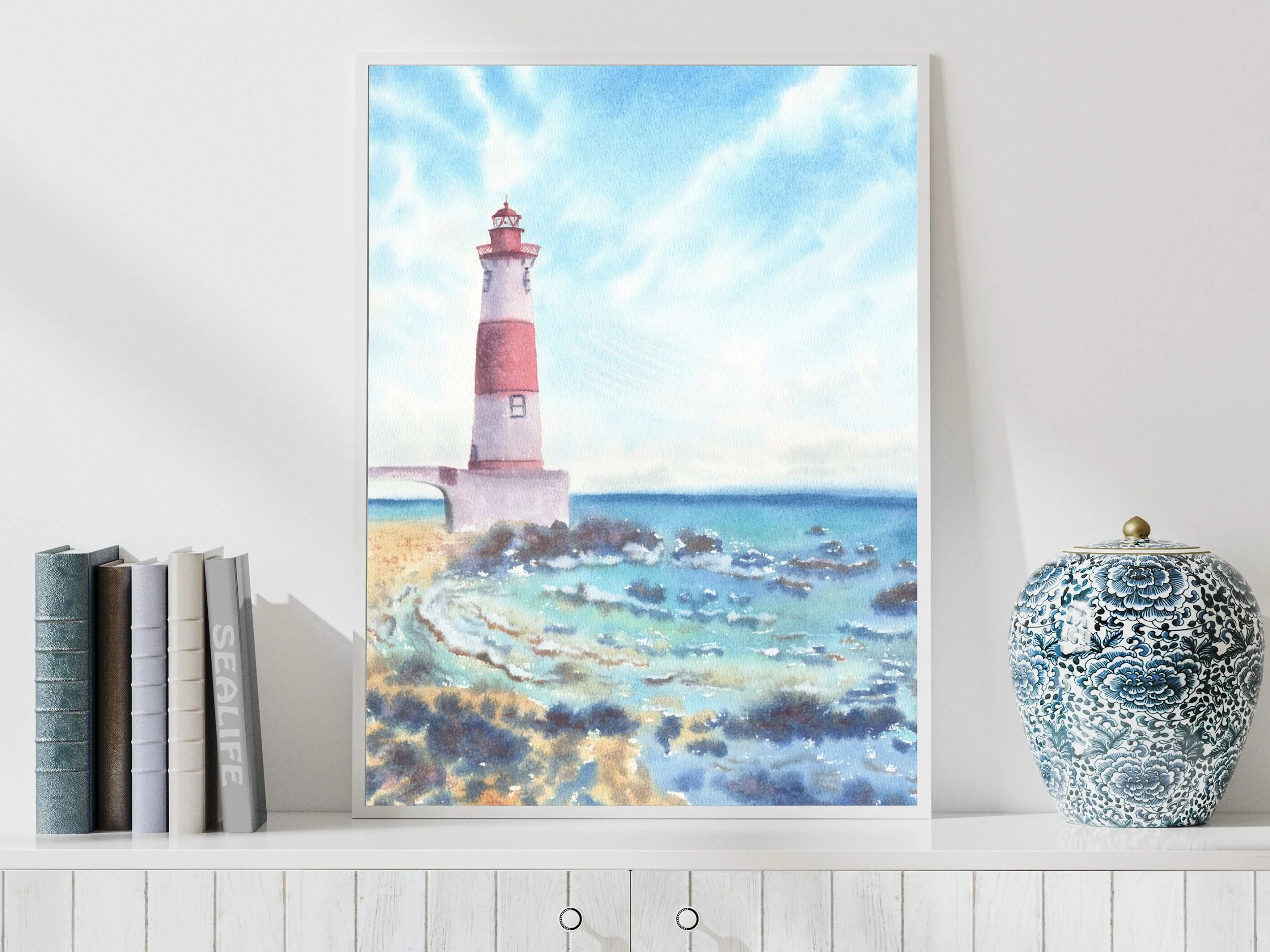 Coastal Lighthouse Archival Art Print, Watercolor Lighthouse Painting, Nautical Wall Art, Ocean Landscape Decor 2.jpg