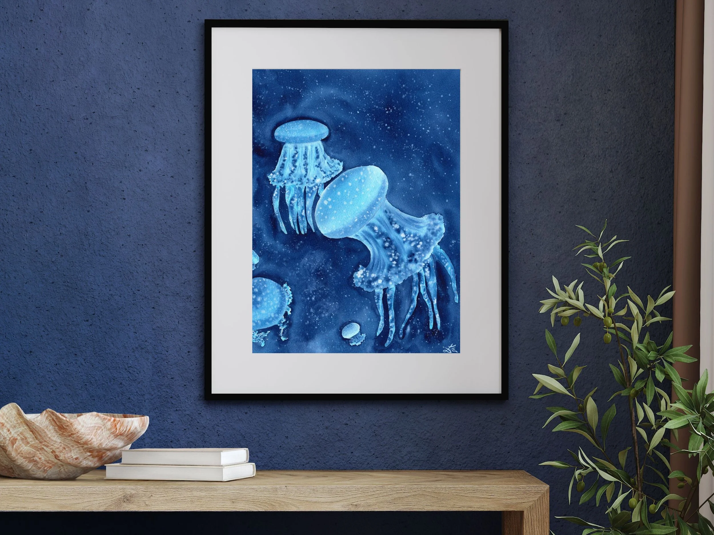 Blue Jellyfish Original Watercolor Painting, Ocean Marine Life Art, Deep Sea Creature Wall Decor, Nautical Coastal Artwork 3.jpg