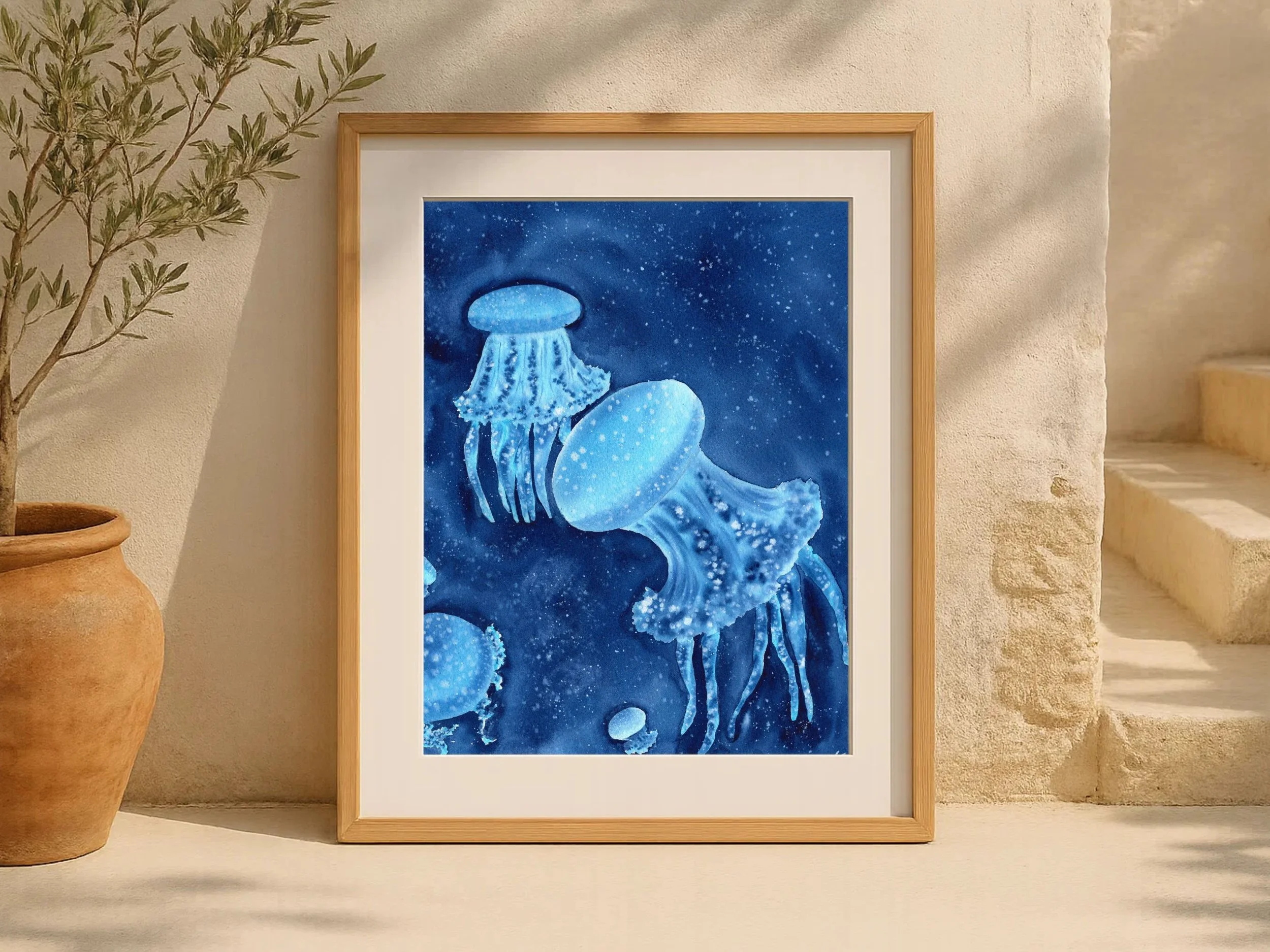 Blue Jellyfish Original Watercolor Painting, Ocean Marine Life Art, Deep Sea Creature Wall Decor, Nautical Coastal Artwork 7.jpg