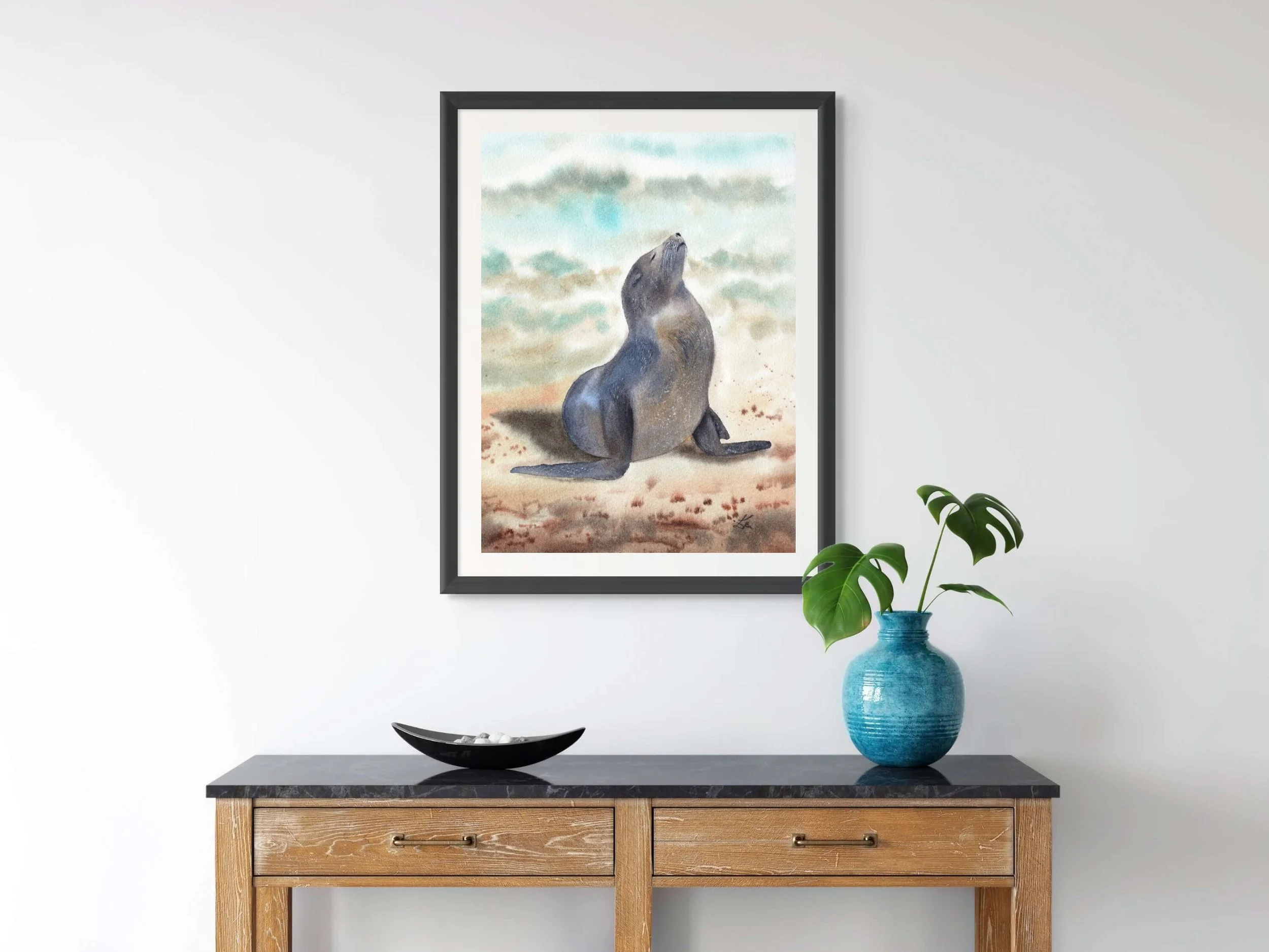 Sunbathing Seal Fine Art Print Coastal Wildlife Watercolor Wall Art Archival Art Poster 9.jpg