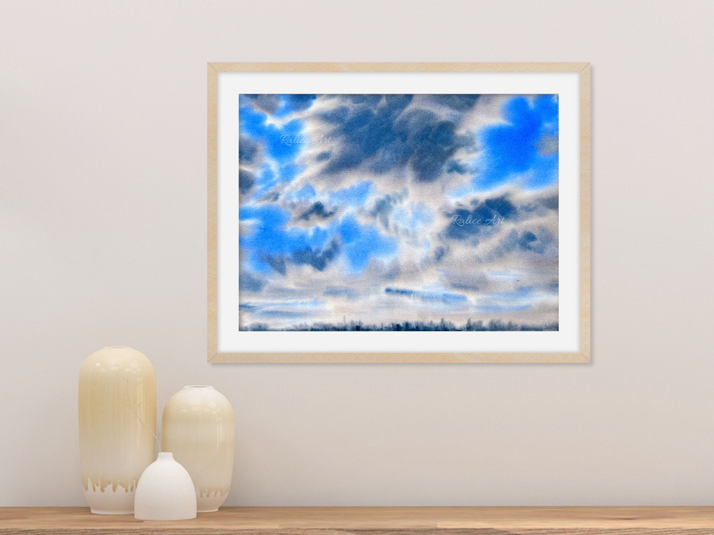 Warm Clouds Watercolour Painting of warm sky on Paper by Ralitsa Arnaudova Ralice Art Framed