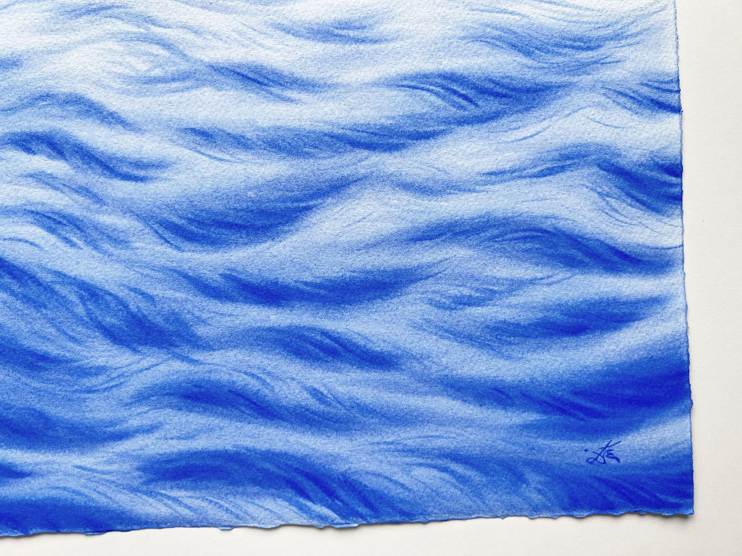 Closeup of the original watercolor painting "A Touch of Wind" capturing gentle waves, sunlit reflections, and fluid, free-flowing brushstrokes.