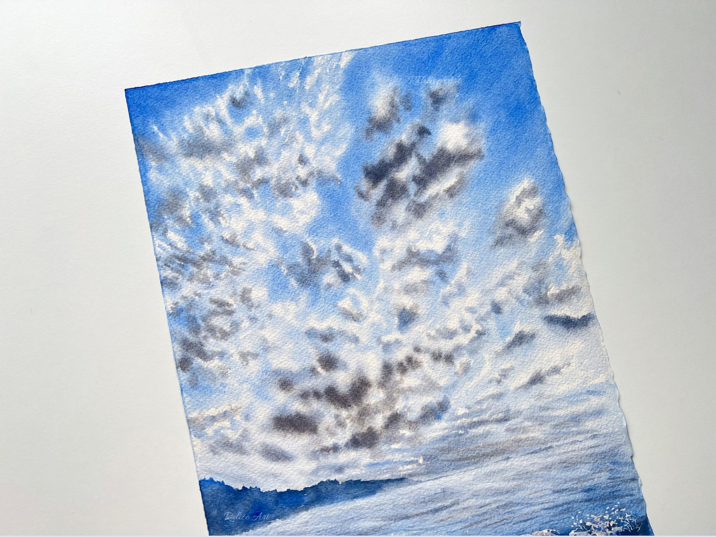 Fluffy Cirrocummulus Clouds Original Watercolour Painting on Paper by Ralitsa Arnaudova Ralice Art unframed closeup of the top
