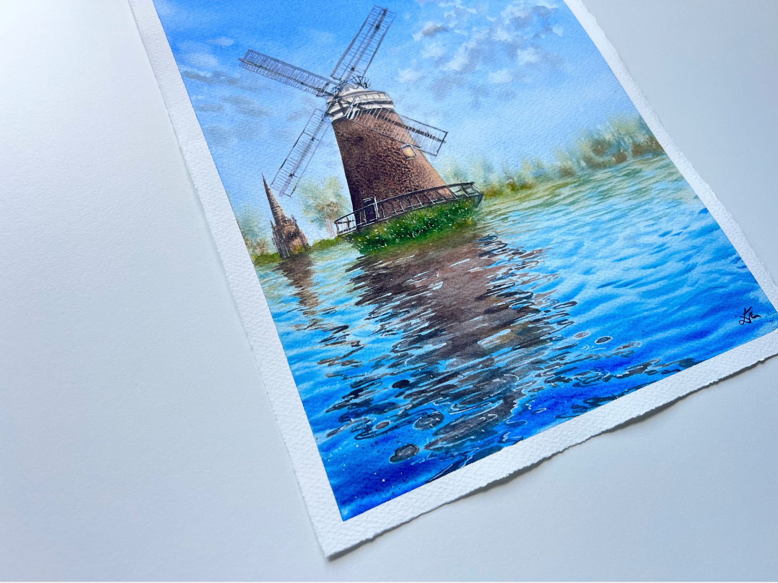 Windmill's Reflections Watercolor Painting | Landscape Wall Art for Lakehouse & Farmhouse | Impressionistic Artwork Decor closeup left bottom corner