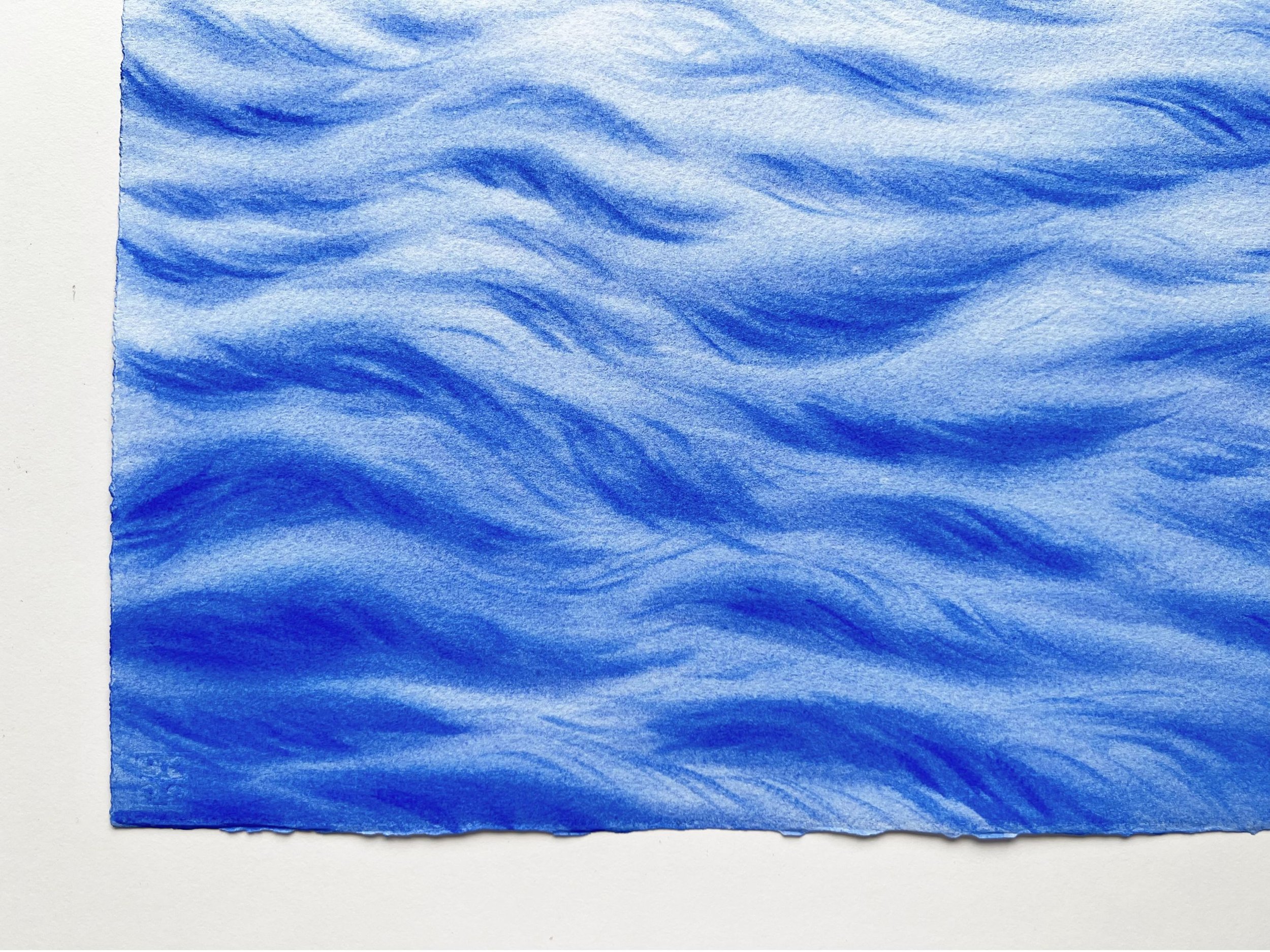 Closeup of the original watercolor painting "A Touch of Wind" capturing gentle waves, sunlit reflections, and fluid, free-flowing brushstrokes.