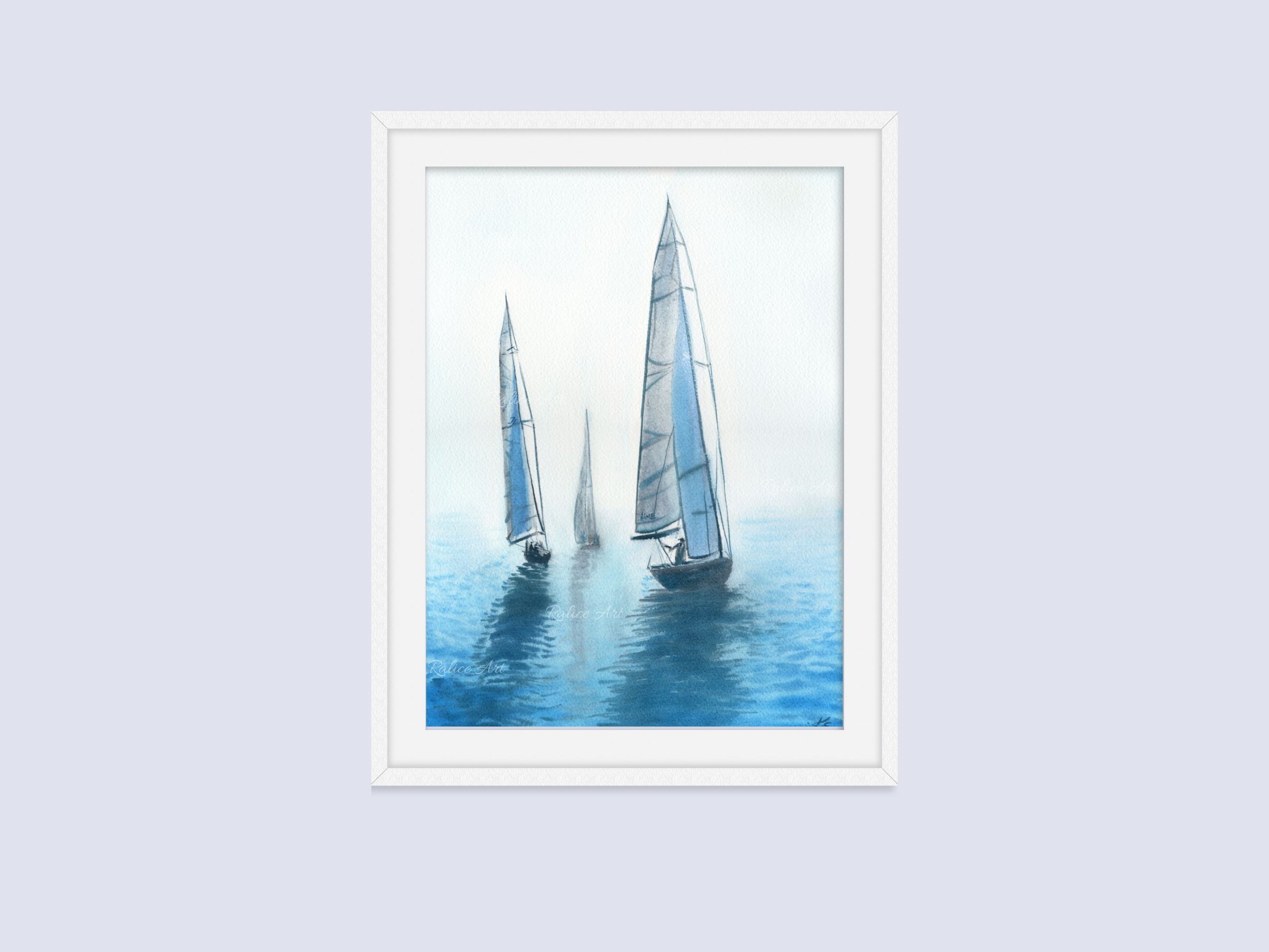 Je T'aime Ma Mer Rowing Regatta Original Watercolor Painting, Yachts Painting Sailing Boat Art Coastal Nautical Painting Mediterranean Decor