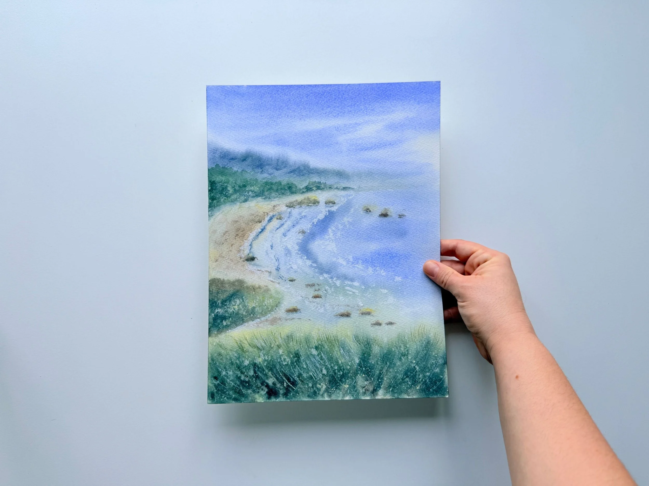 Original Watercolor Ecola Estate Park Oregon Coastal Bay Landscape and Cliffs, Serene Ocean Wall Art 6.jpg