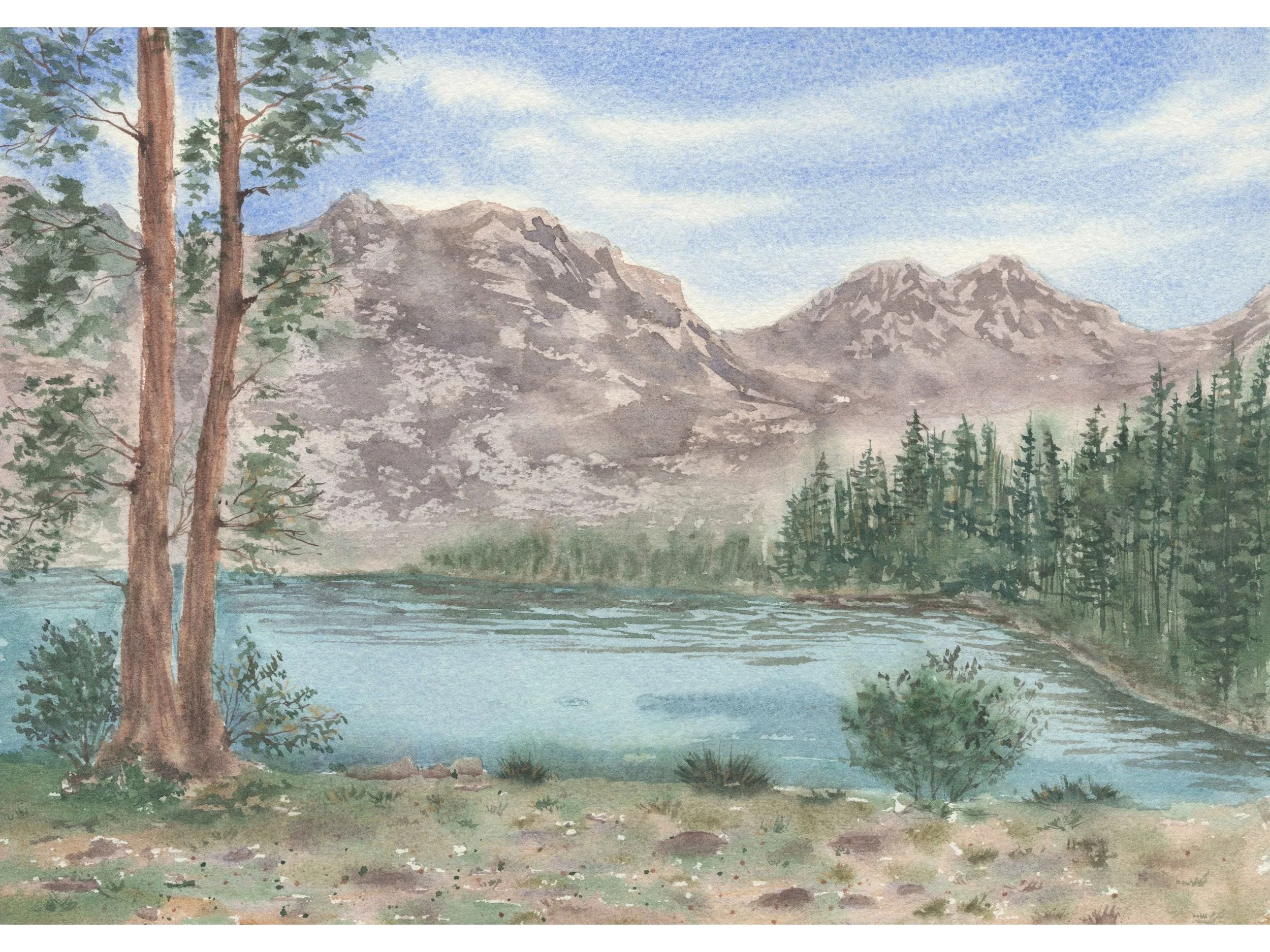Watercolor Mountain Lake Landscape Art Print Pine Forest and Calm Wat.jpg