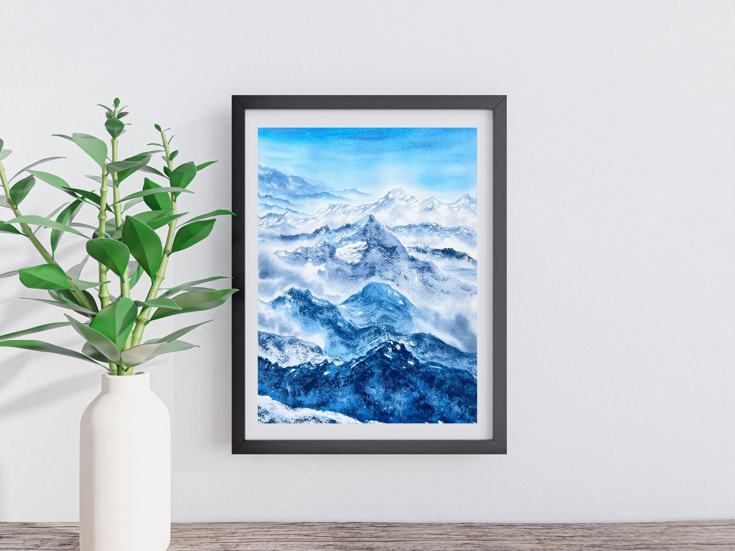 "Rolling Hills" Original Watercolor Painting of Layered Snow Capped Mountains Landscape Painting closeup on a shelf